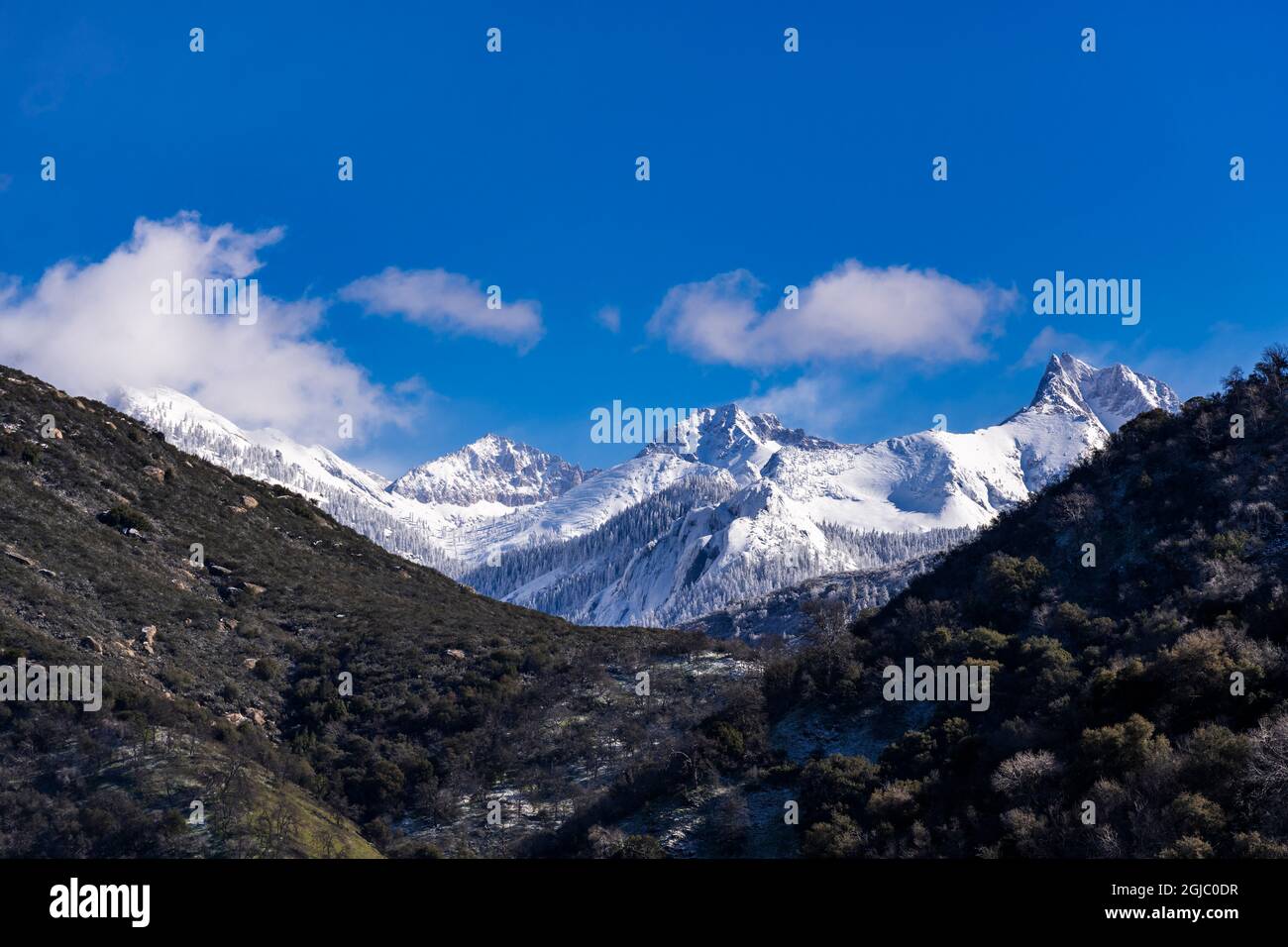 La cresta della Sierra in inverno dal bivio centrale del fiume Kaweah, Sequoia National Park, California, USA. Foto Stock