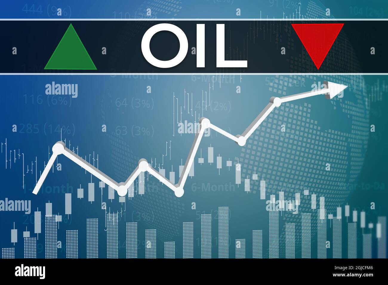 Variazione di prezzo sul trading futures di petrolio su sfondo blu di finanza da grafici, grafici, colonne, candele, barre, numeri. Trend su e giù, piatto. Illus. 3D Foto Stock