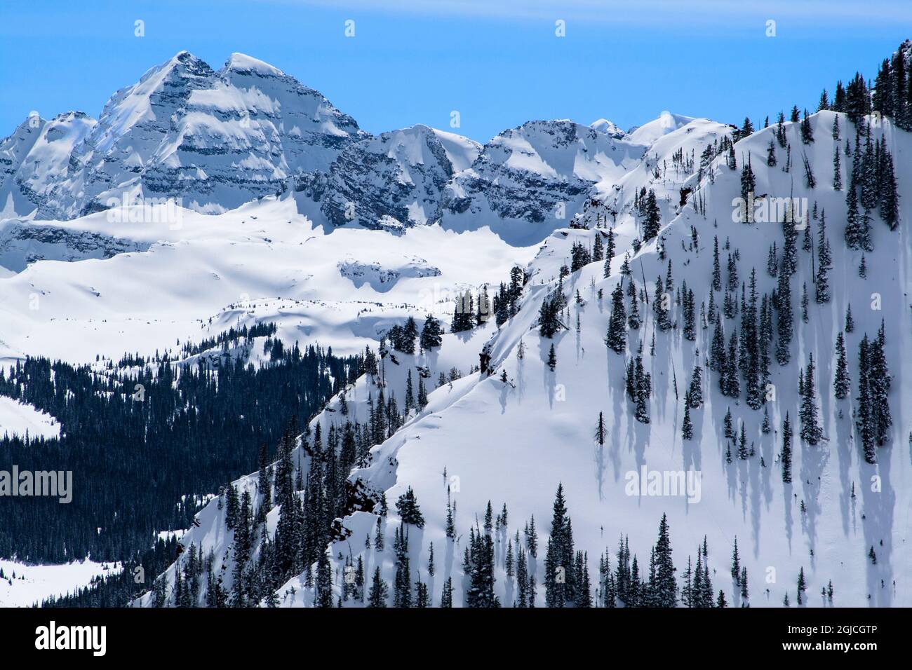 Vista dalla cima dell'Elk Camp Lift presso la stazione sciistica di Aspen Snowmass in inverno. Foto Stock
