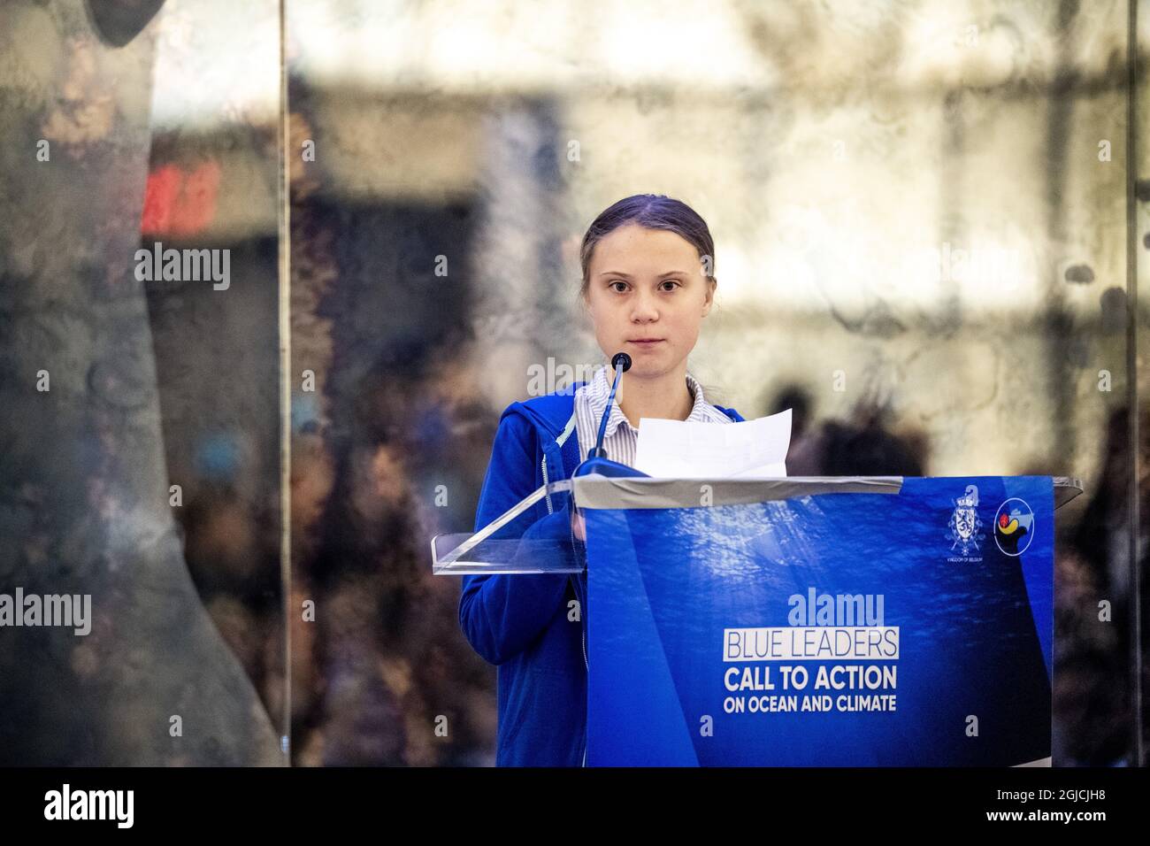 NEW YORK 2019-09-25 Greta Thunberg, som idag Tilldelades diritto di sussistenza-priset, deltar i organizationen Blue Leaders mote “Call to action on Ocean and Climate” dar hon kommenterar klivatrapporten fran FN:s klimatpanel IPCC Foto: Pontus Lundahl / TT / kod 10050 Foto Stock