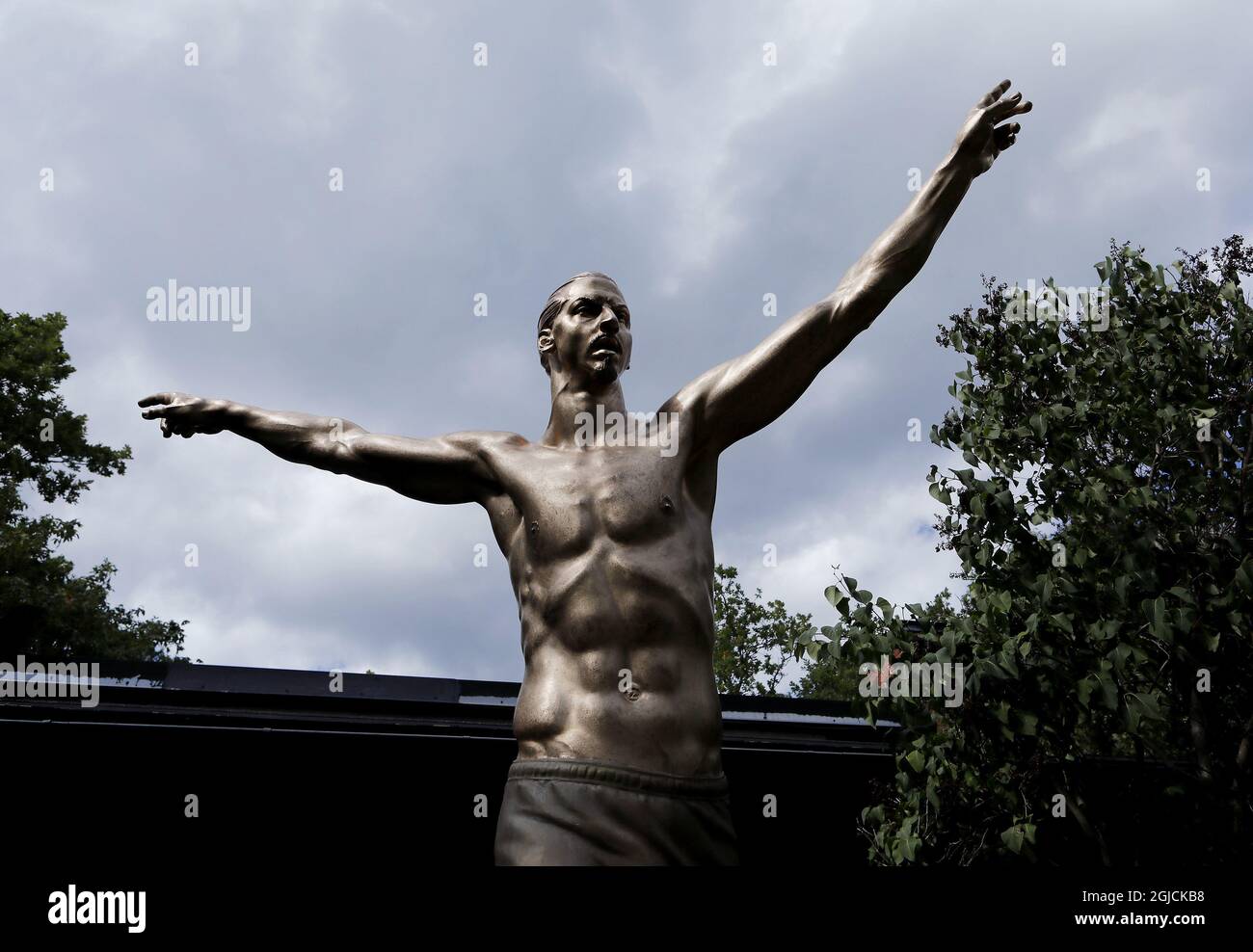 Esclusivo *** l'artista svedese Peter Linde ha realizzato una statua in bronzo del calciatore svedese Zlatan Ibrahimovic. La statua doveva essere posta fuori dalla Friends Arena, arena nazionale svedese a Solna/Stoccolma. La statua fu terminata nel 2017 e da allora si trova nello studio e nel giardino di Peter LindeÂ. L'8 ottobre, la statua sarà svelata nella città natale di Zlatan MalmÃ¶. La statua è alta 270 centimetri. Foto scattate nel giardino di LindeÂ SaltsjÃ¶baden fuori Stoccolma 2017-07-31 (c) Foto: Patrik C Osterberg / TT Code 2857 Foto Stock