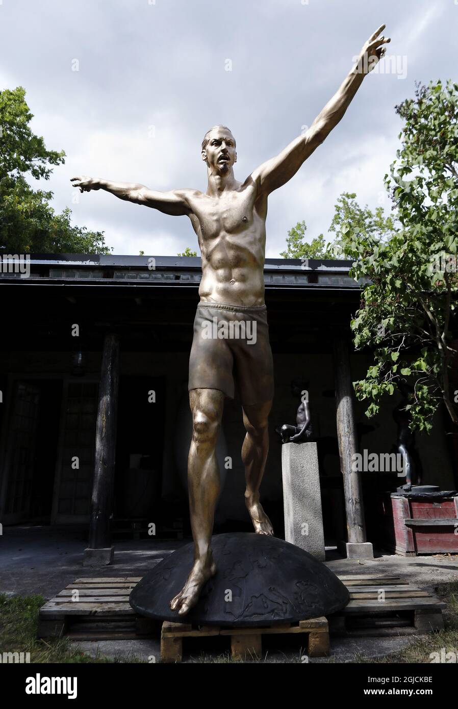 Esclusivo *** l'artista svedese Peter Linde ha realizzato una statua in bronzo del calciatore svedese Zlatan Ibrahimovic. La statua doveva essere posta fuori dalla Friends Arena, arena nazionale svedese a Solna/Stoccolma. La statua fu terminata nel 2017 e da allora si trova nello studio e nel giardino di Peter LindeÂ. L'8 ottobre, la statua sarà svelata nella città natale di Zlatan MalmÃ¶. La statua è alta 270 centimetri. Foto scattate nel giardino di LindeÂ SaltsjÃ¶baden fuori Stoccolma 2017-07-31 (c) Foto: Patrik C Osterberg / TT Code 2857 Foto Stock