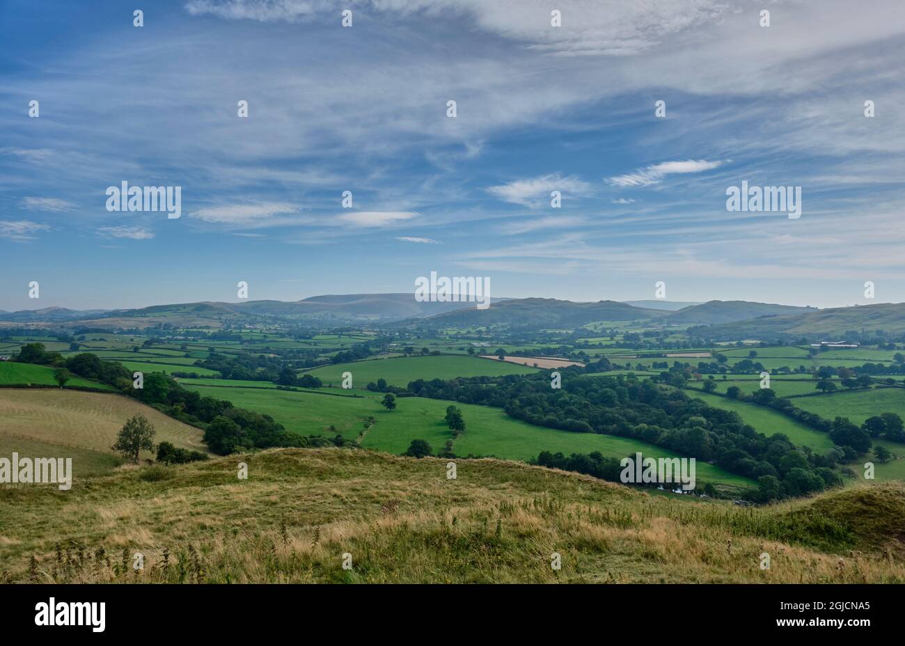 Llandegley Rocks, Great Rhos, Radnor Forest, visto da Castle Bank, Cefnllys, vicino Llandrindod Wells, Powys, Galles Foto Stock