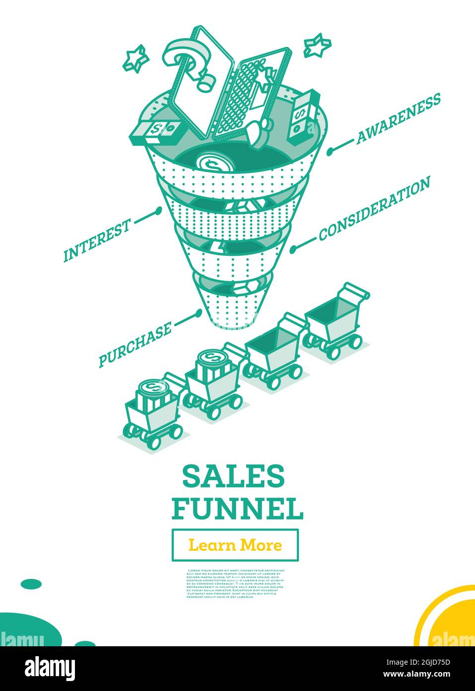 Fasi di un imbuto delle vendite. Concetto di marketing digitale. Progettazione di contorni. Isolato su sfondo bianco. Infografica aziendale. Illustrazione vettoriale. Illustrazione Vettoriale