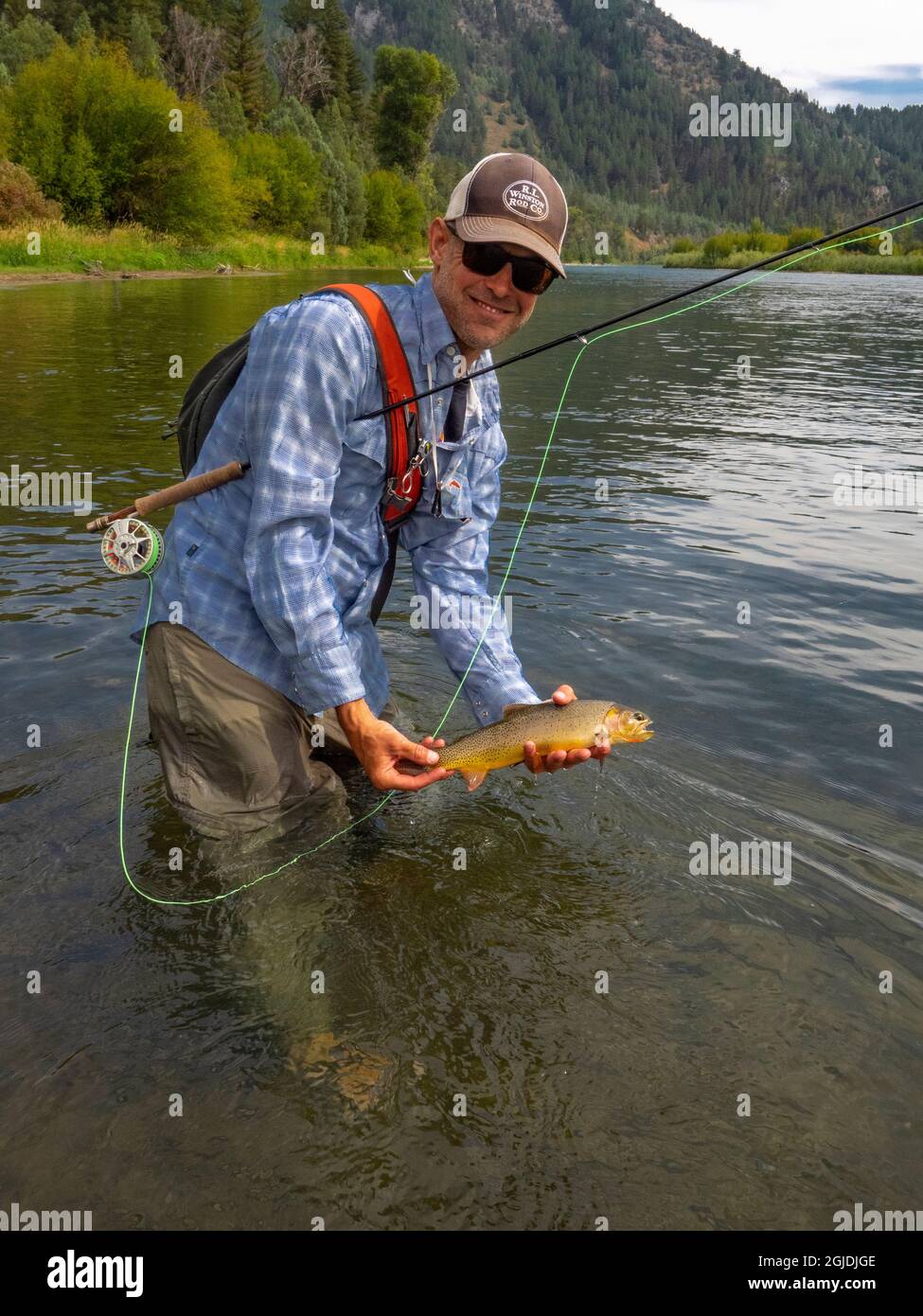 Il pescatore del mosca è orgoglioso della Trout dell'arcobaleno prima del rilascio. South Fork Snake River, Idaho. (SIG.) Foto Stock