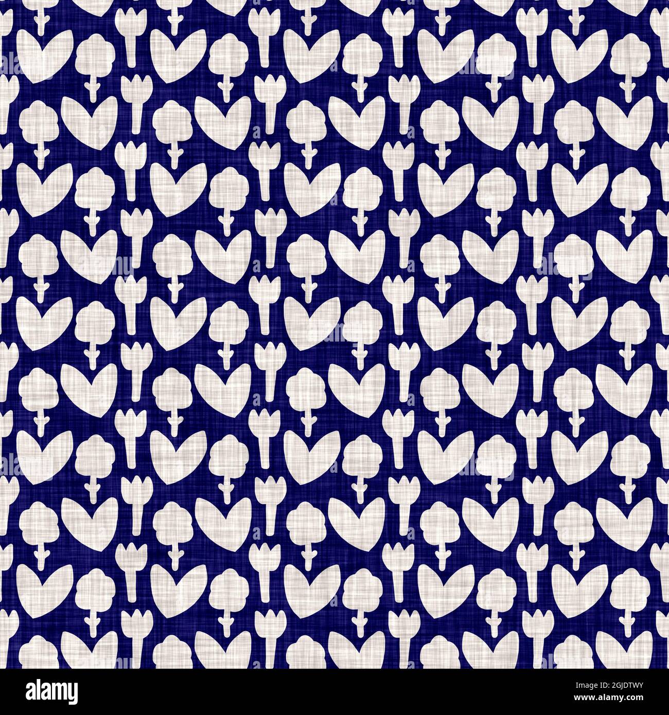 Indigo blu fiore blocco stampa tinta tessuto di lino sfondo. Campione giapponese di ripetizione batik tessuto senza cuciture. Sfocatura floreale organica afflosciata Foto Stock