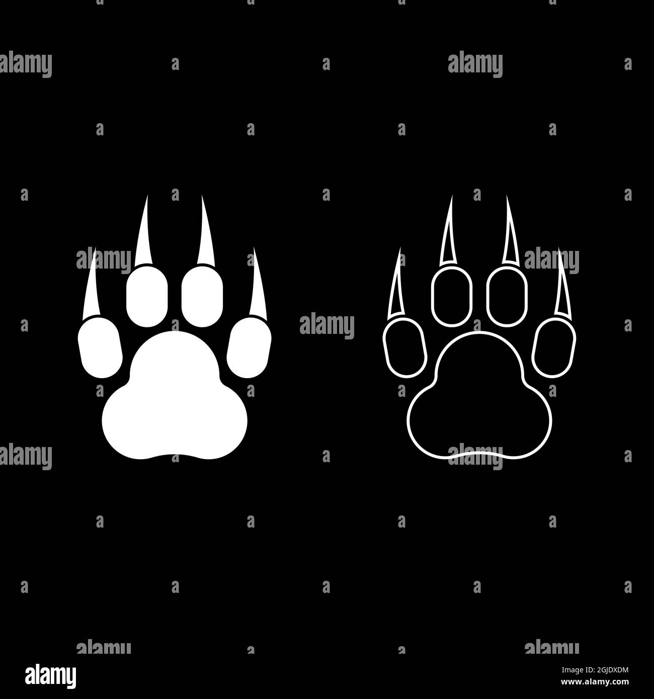 Stampa animale selvatico zampa con footprint traccia artiglio icona pawprint predatoria colore bianco illustrazione vettoriale stile piatto semplice set di immagini Illustrazione Vettoriale