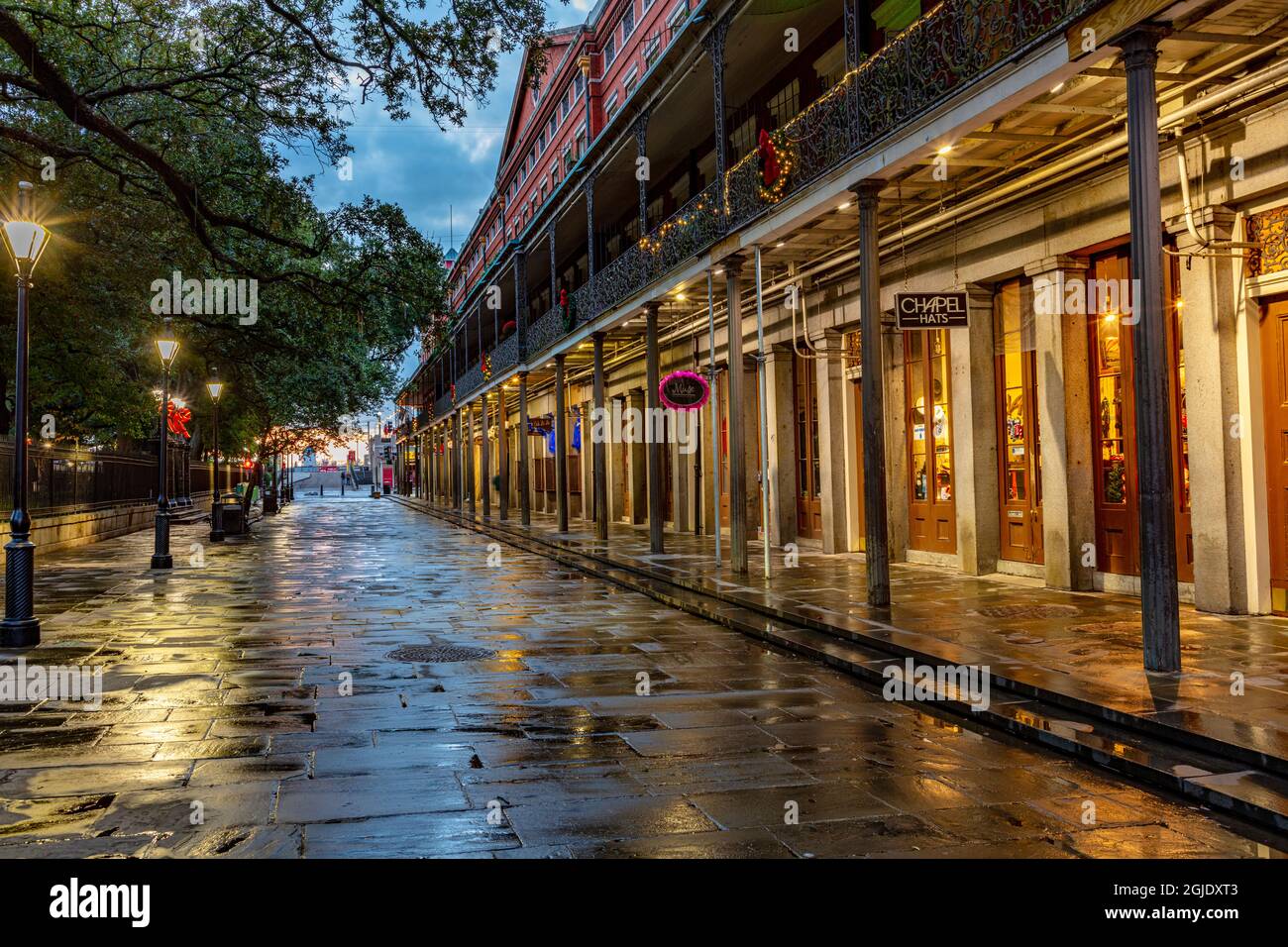 Mattina presto su St. Peter Street nel quartiere Francese a New Orleans, Louisiana, USA Foto Stock