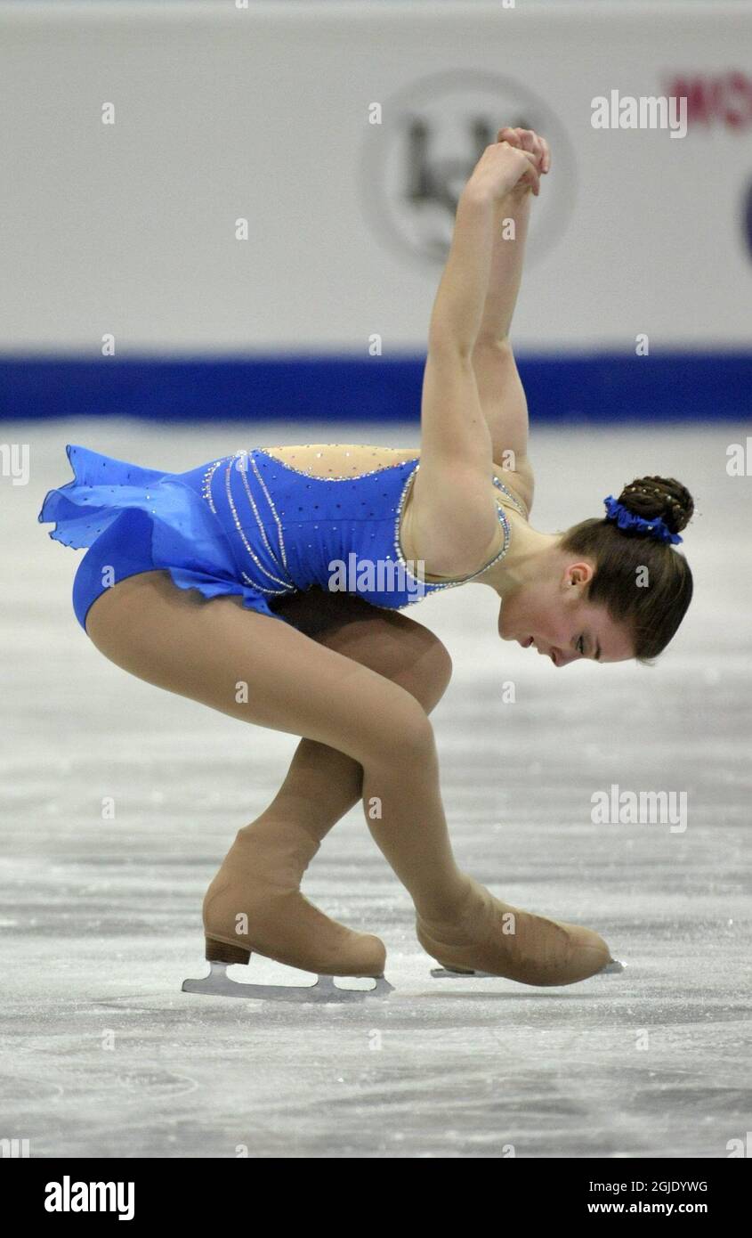 Ashley Wagner degli Stati Uniti esegue la sua routine nel breve programma femminile del World Figure Skating Championships a Gothenburg, Svezia. Foto Stock