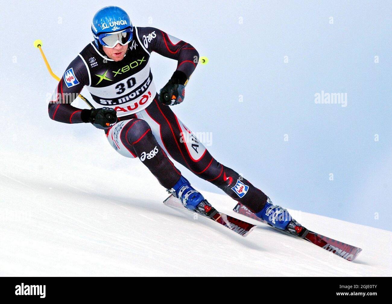 L'Austria«Stephan Eberharter in azione durante la Super G Foto Stock