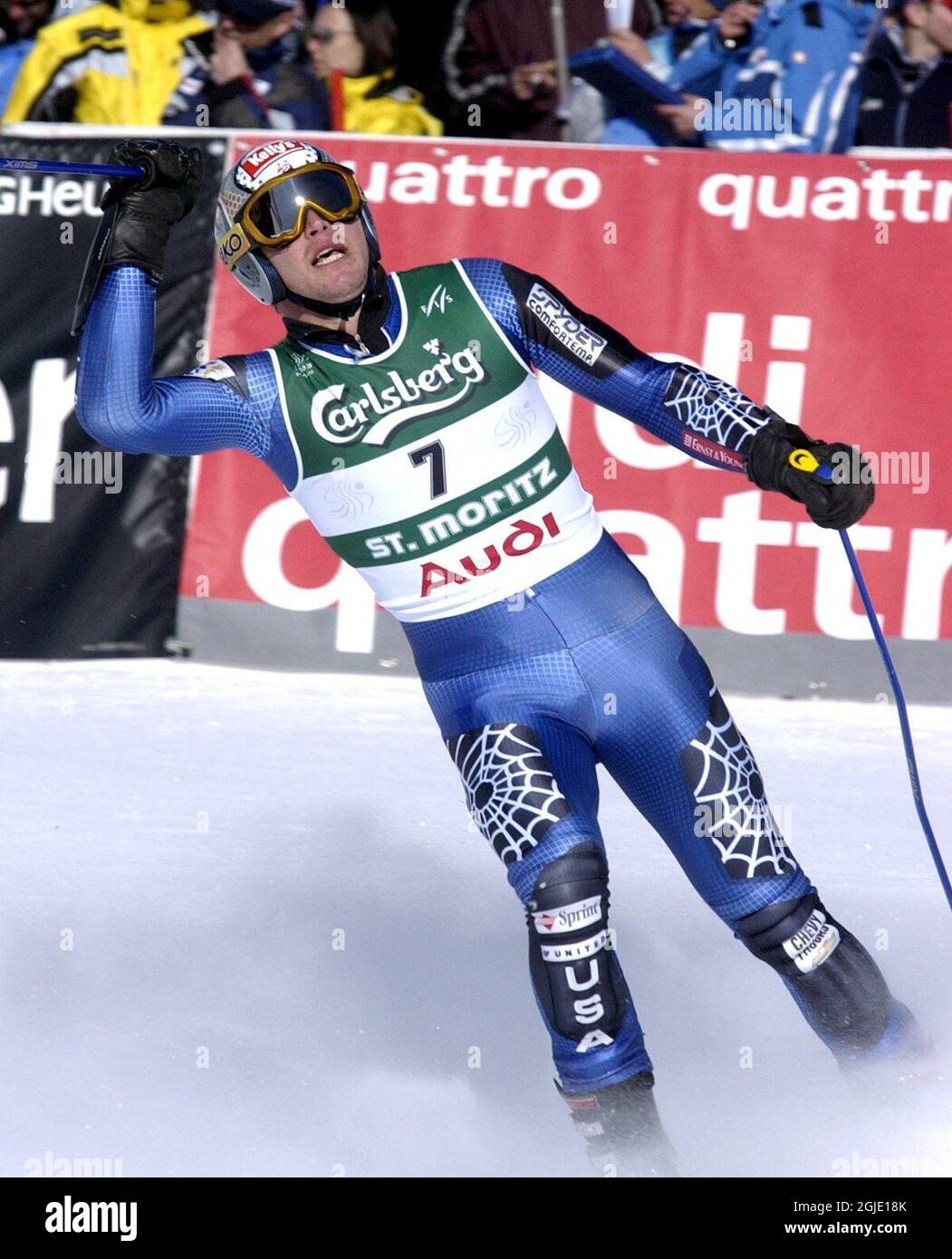 Bode Miller degli Stati Uniti dopo il gigante degli uomini Slalom Foto Stock