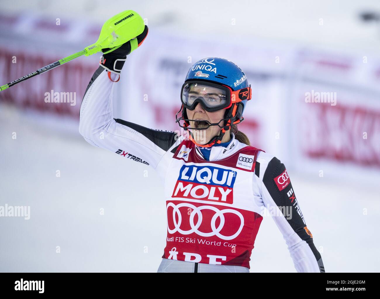 Petra Vlhova della Slovacchia reagisce dopo aver vinto la gara femminile di slalom della FIS Ski Alpine World Cup in are, Svezia, il 12 marzo 2021. Foto: Pontus Lundahl / TT / kod 10050 Foto Stock