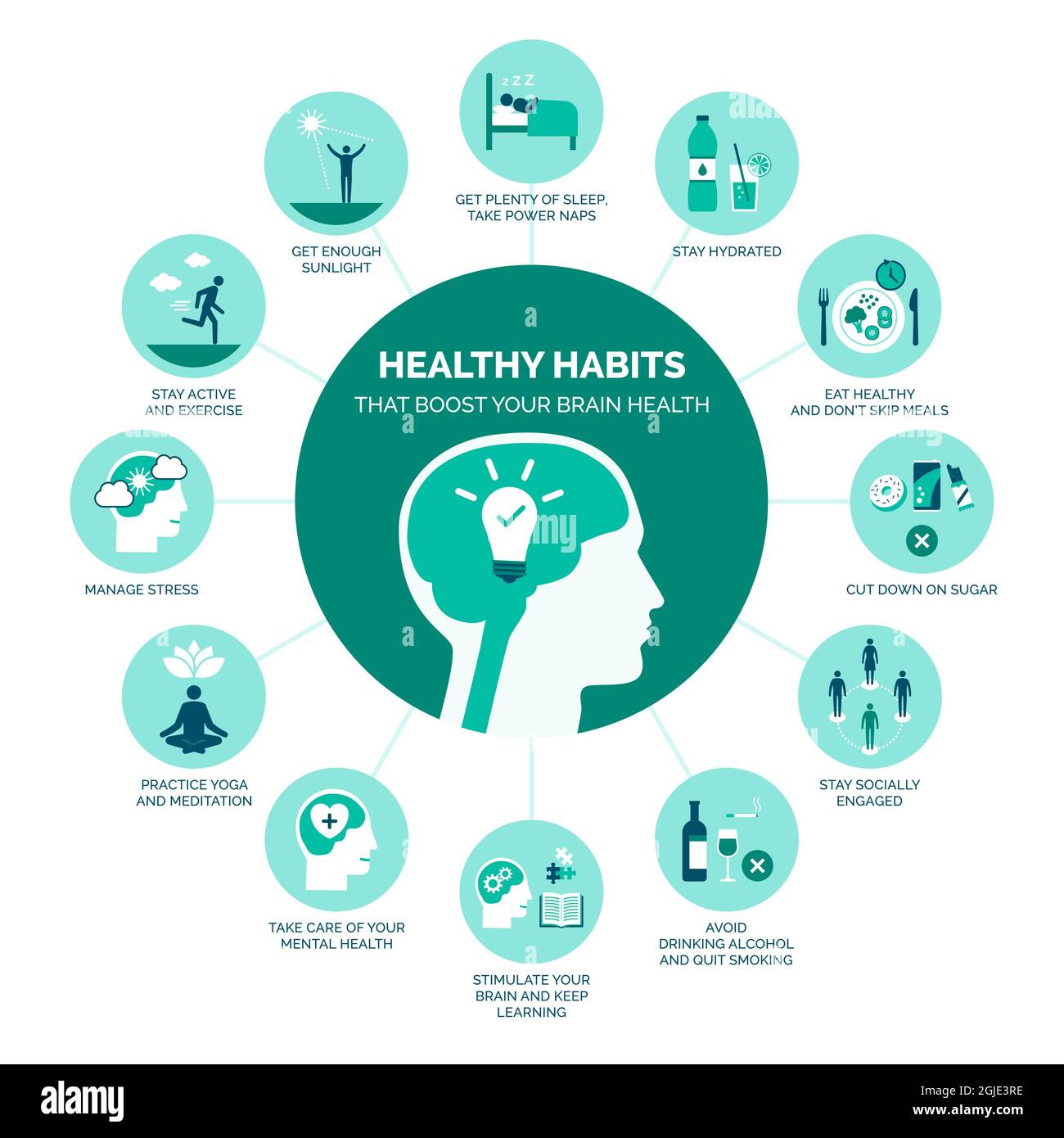 Abitudini sane che aumentano la salute del cervello: Stile di vita sano e infografica sulla prevenzione Illustrazione Vettoriale
