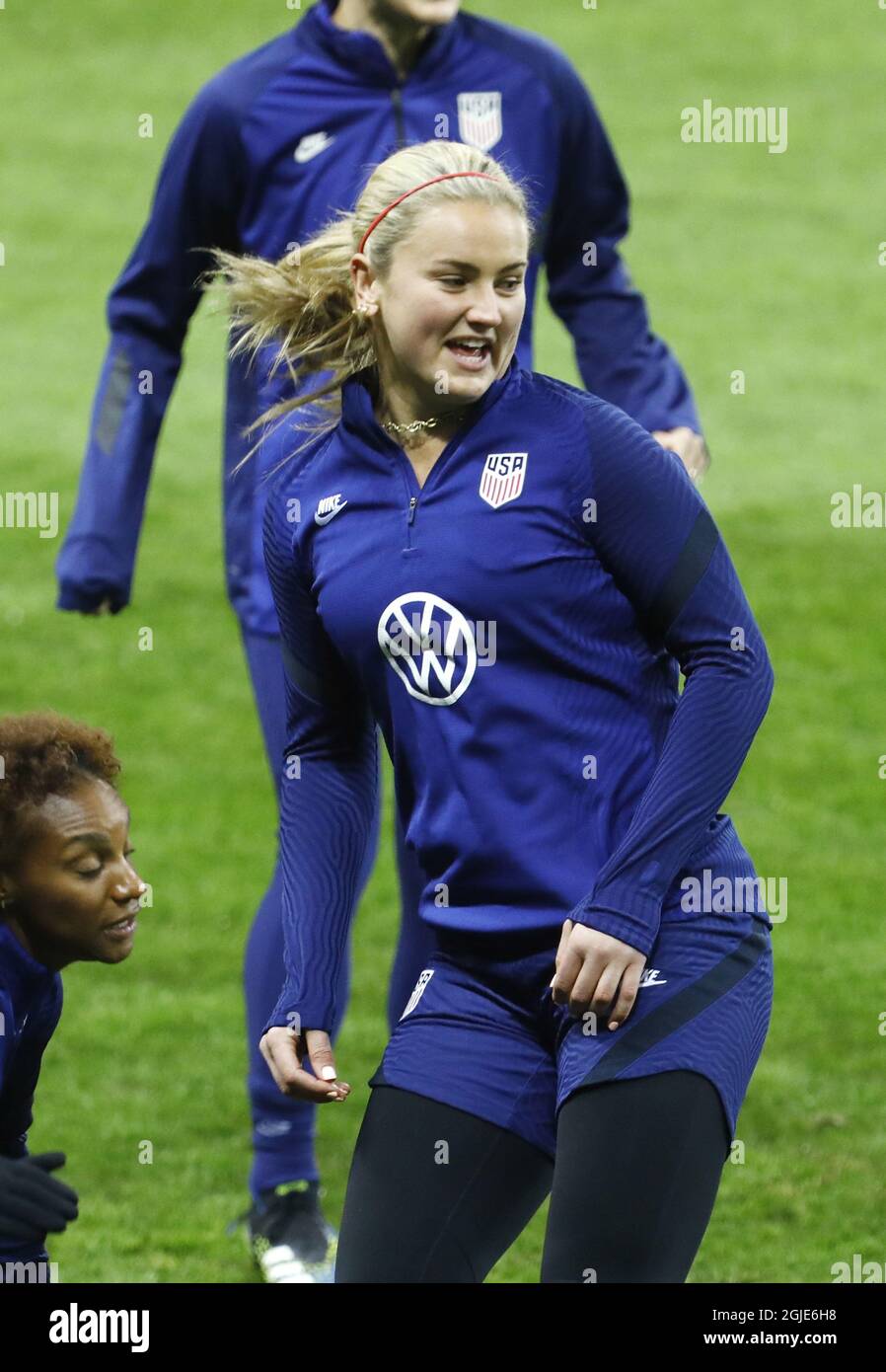 Midfielder no 9 Lindsey Horan United States squadra nazionale di calcio femminile di formazione sulla Friends Arena, prima della partita amichevole, Svezia - USA, Stoccolma, 2021-04-09 (c) Patrik C Ã–sterberg / TT Codice: 2857 Foto Stock