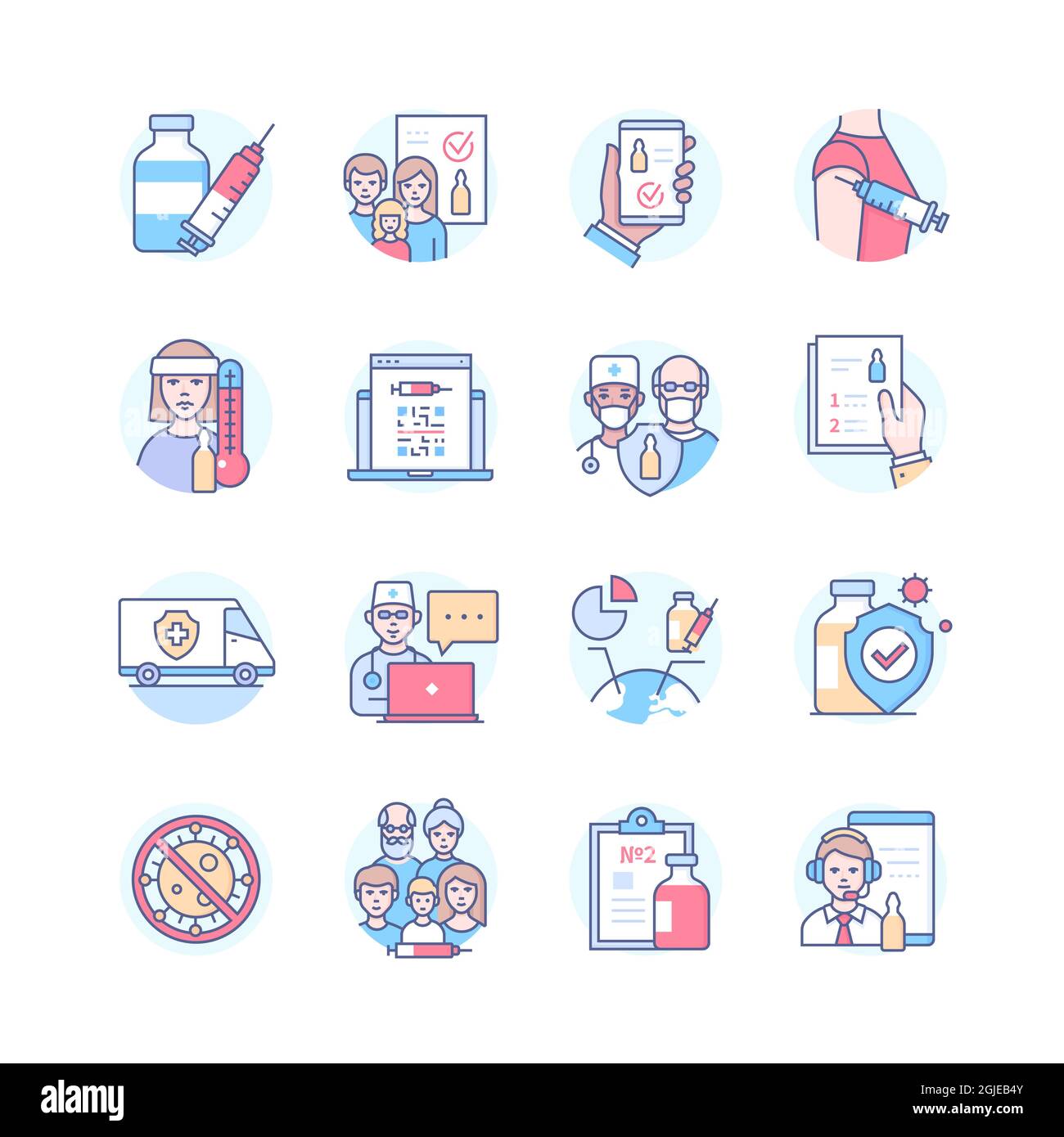 Vaccinazione - icone colorate dello stile di disegno della linea impostate. Immagini su sfondo bianco. Problemi attuali del mondo moderno, legati al coronavirus, healt familiare Illustrazione Vettoriale