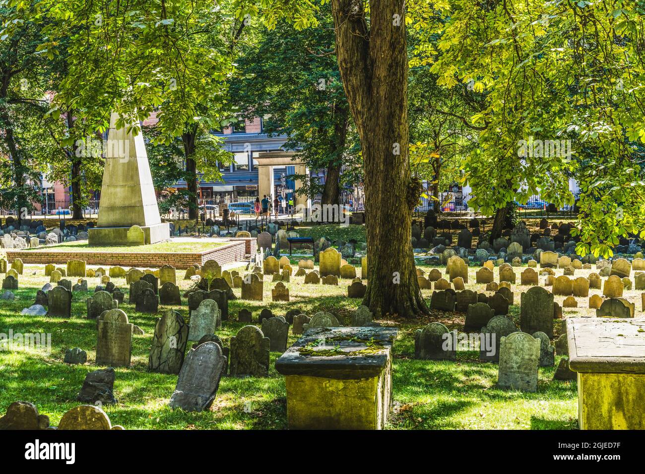 Granary Burying Ground, Boston, Massachusetts. Vecchio cimitero del 1660 dove gli eroi della Rivoluzione americana sono sepolti, tra cui Paul Revere, Sam Adams e Joh Foto Stock