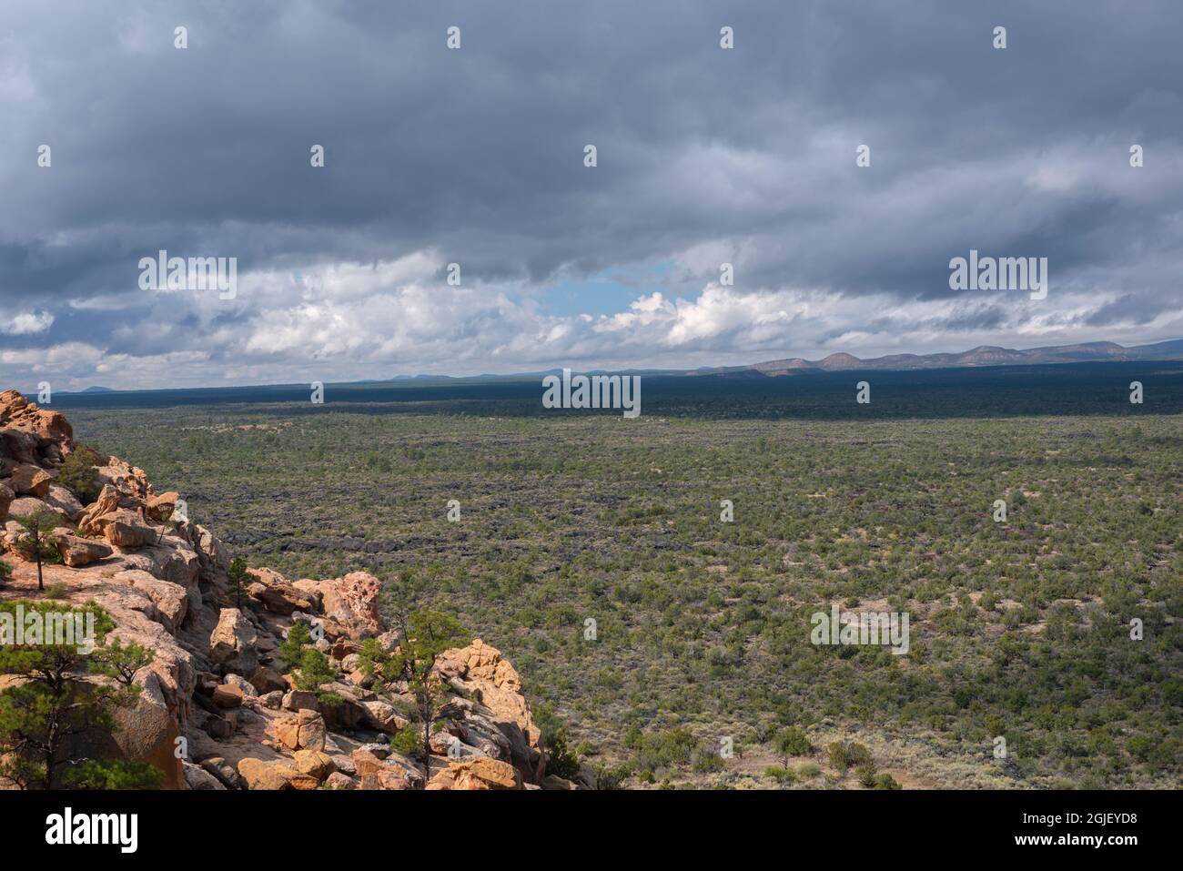 USA, New Mexico. El Malpais National Monument, area enorme flusso di lava sotto pietra arenaria Bluffs Overlook è parzialmente boscosa con pino e ginepro. Foto Stock