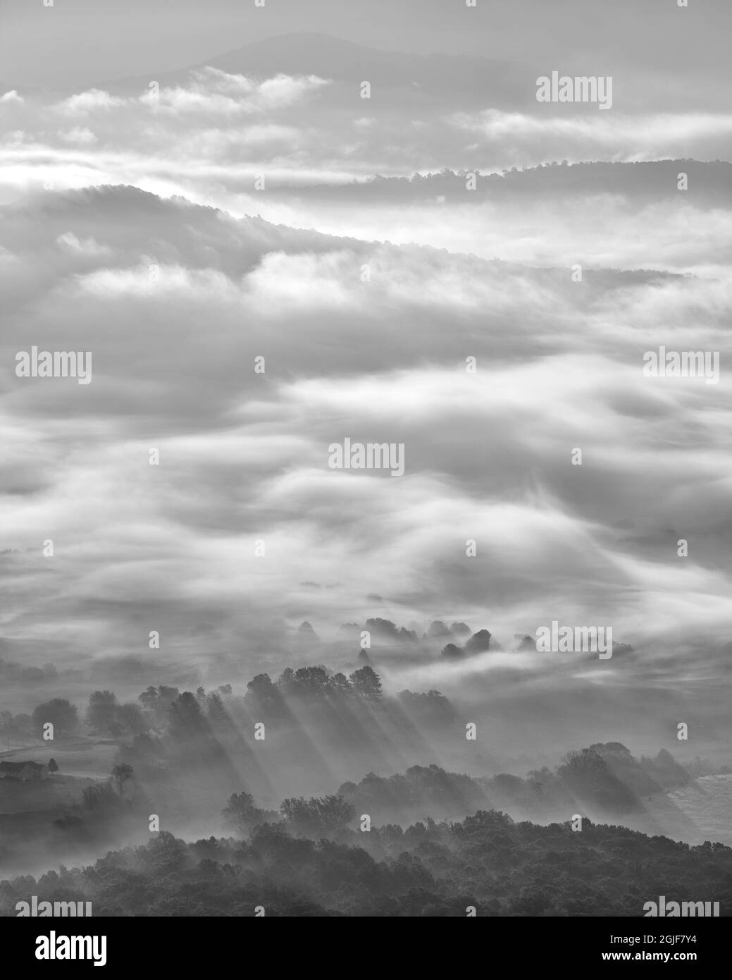 USA, Virginia, Blue Ridge Parkway, nebbia mattutina nella Rockfish Valley Foto Stock