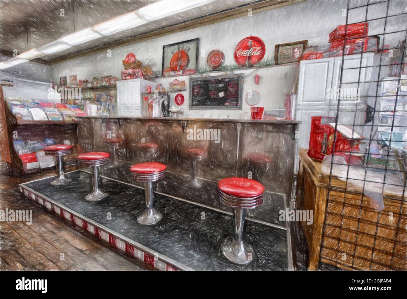 USA, Washington, St. John. Estratto di soda d'epoca bancone e sgabelli. Foto Stock