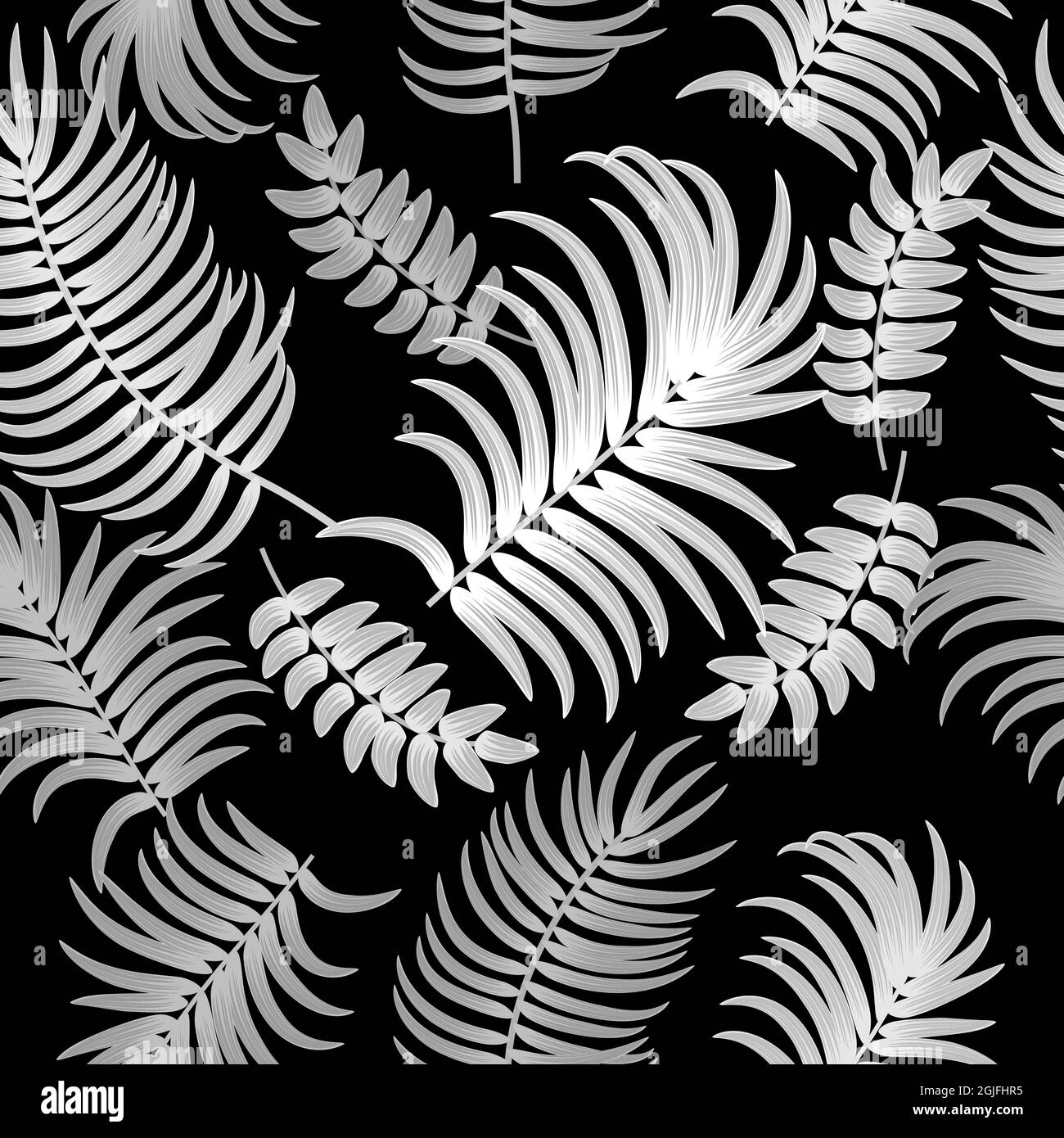 Motivo vettoriale bianco e nero senza giunture con foglie tropicali di palma. Sfondo botanica, carta da parati giungla. Illustrazione Vettoriale