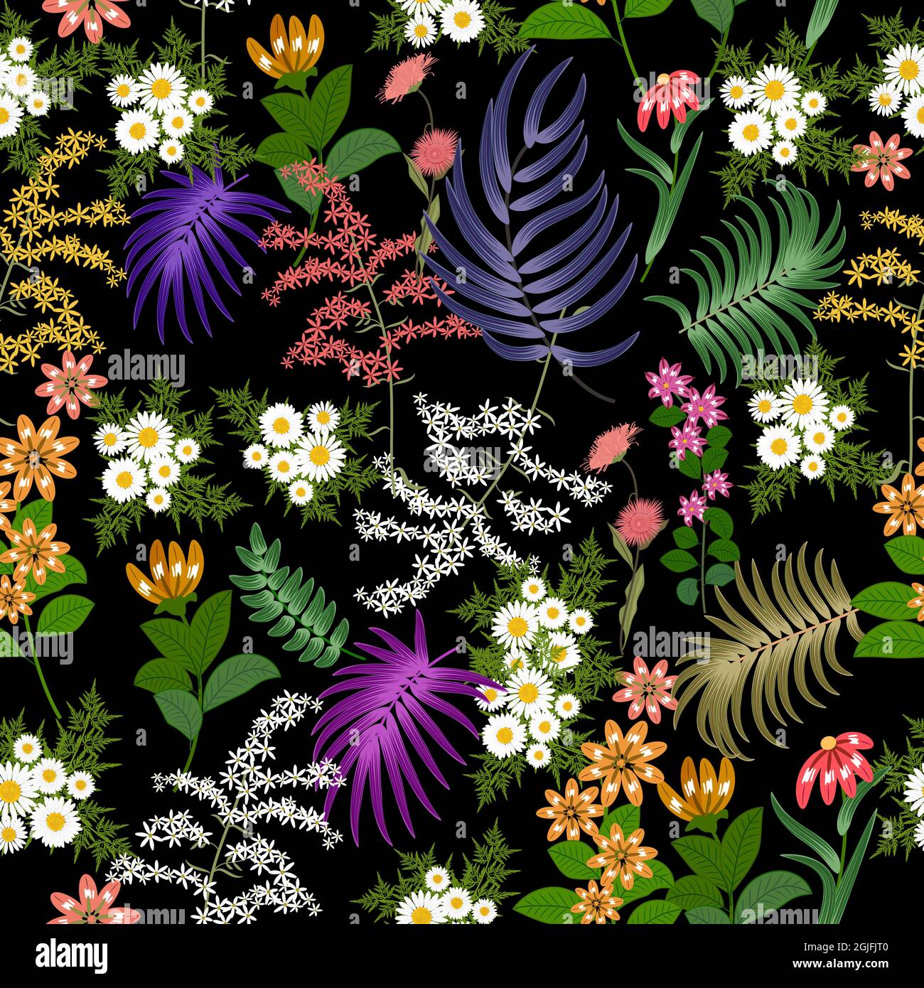 Motivi senza giunture con fiori luminosi e foglie tropicali di palma su sfondo nero. Sfondo vettoriale botanica, carta da parati giungla. Illustrazione Vettoriale