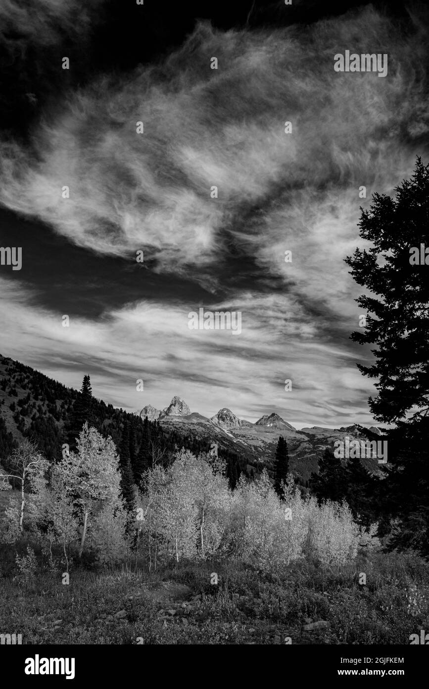 Paesaggio del Monte Owen, Grand Teton, Middle e South Teton, da ovest vicino alla stazione sciistica di Targhee Foto Stock