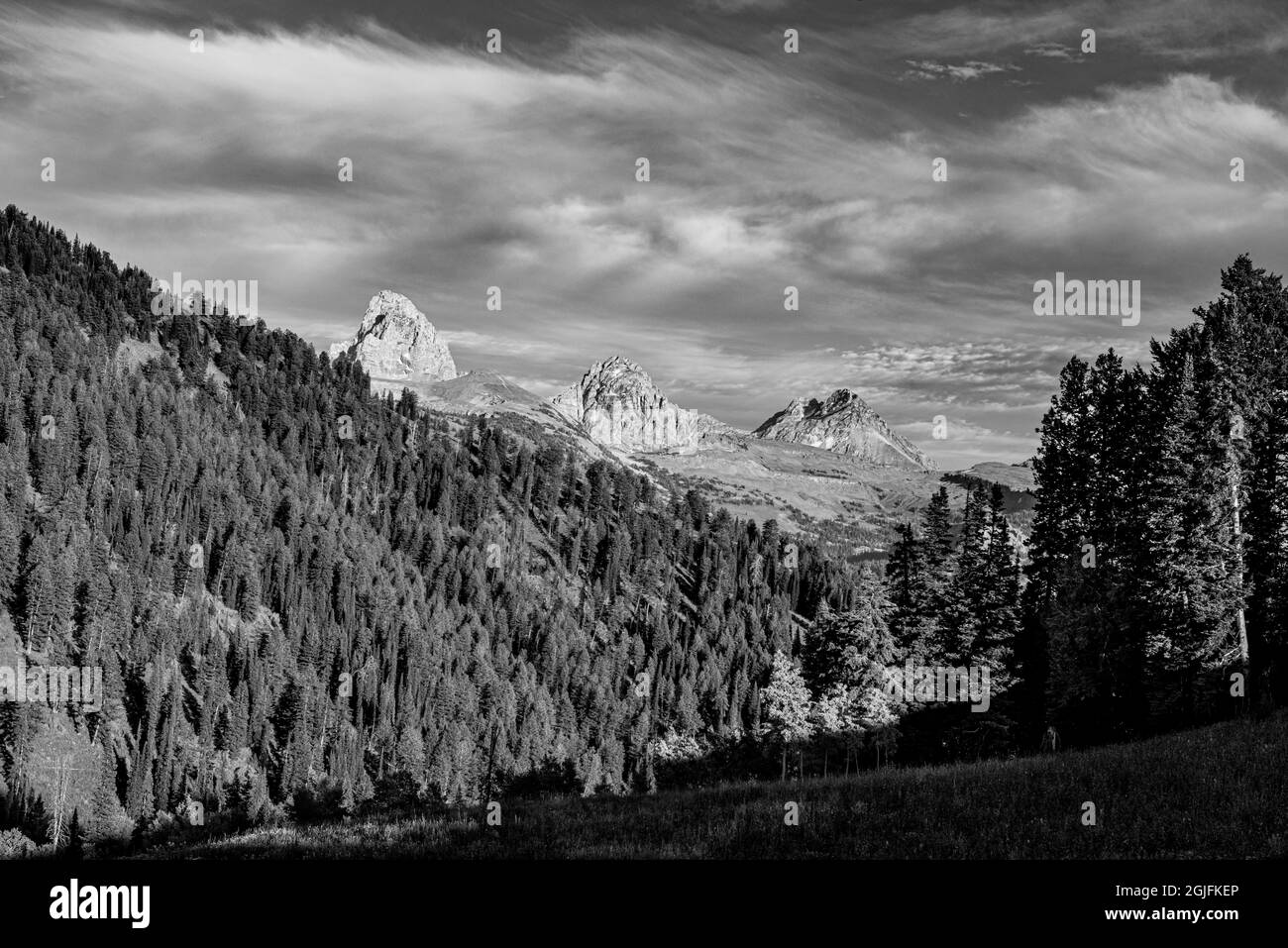 Paesaggio di Grand Teton, Medio, e Sud Teton, da ovest vicino alla stazione sciistica di Targhee Foto Stock