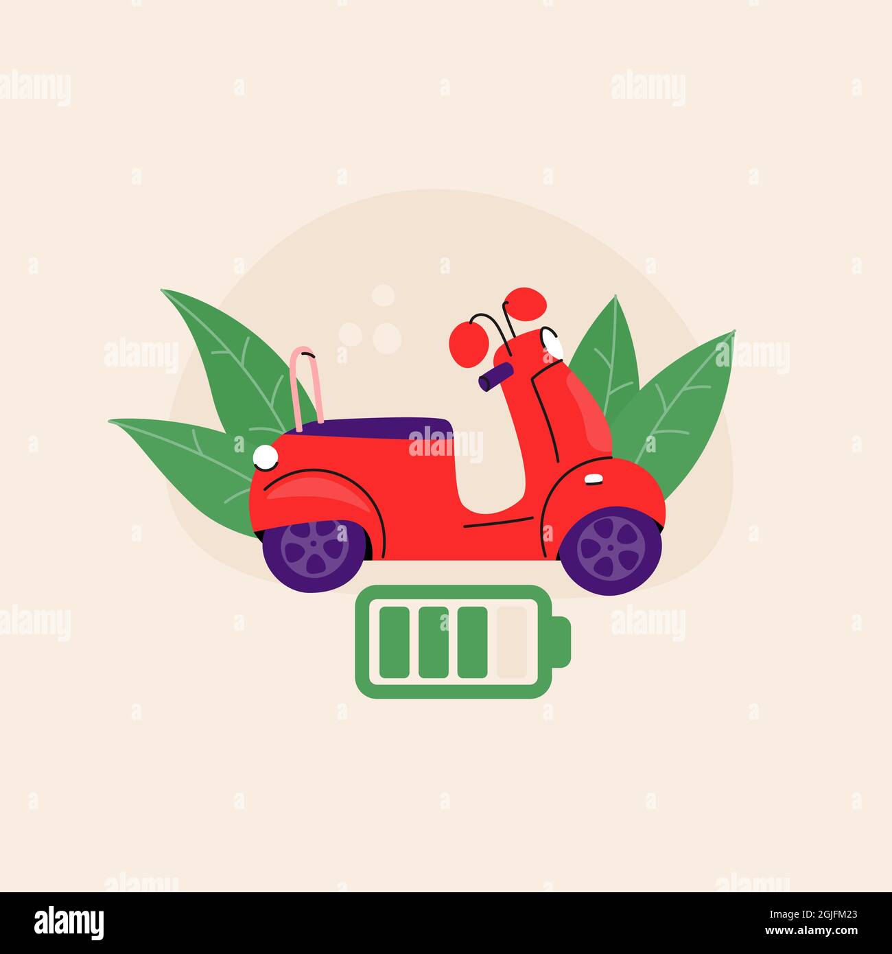 Scooter elettrico rosso. Ciclomotore con l'icona di carica della batteria. Trasporto ecologico. Illustrazione Vettoriale