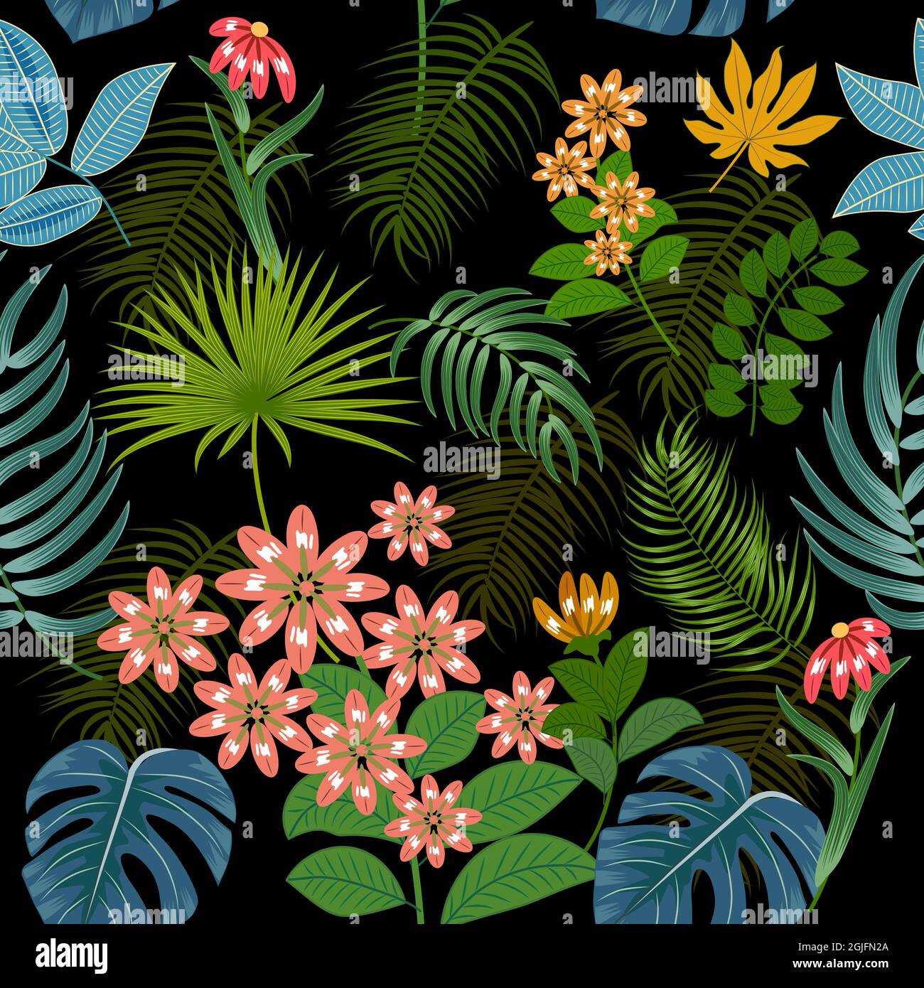 Motivi senza giunture con fiori luminosi e foglie tropicali di palme su sfondo scuro. Sfondo vettoriale botanica, carta da parati giungla. Illustrazione Vettoriale