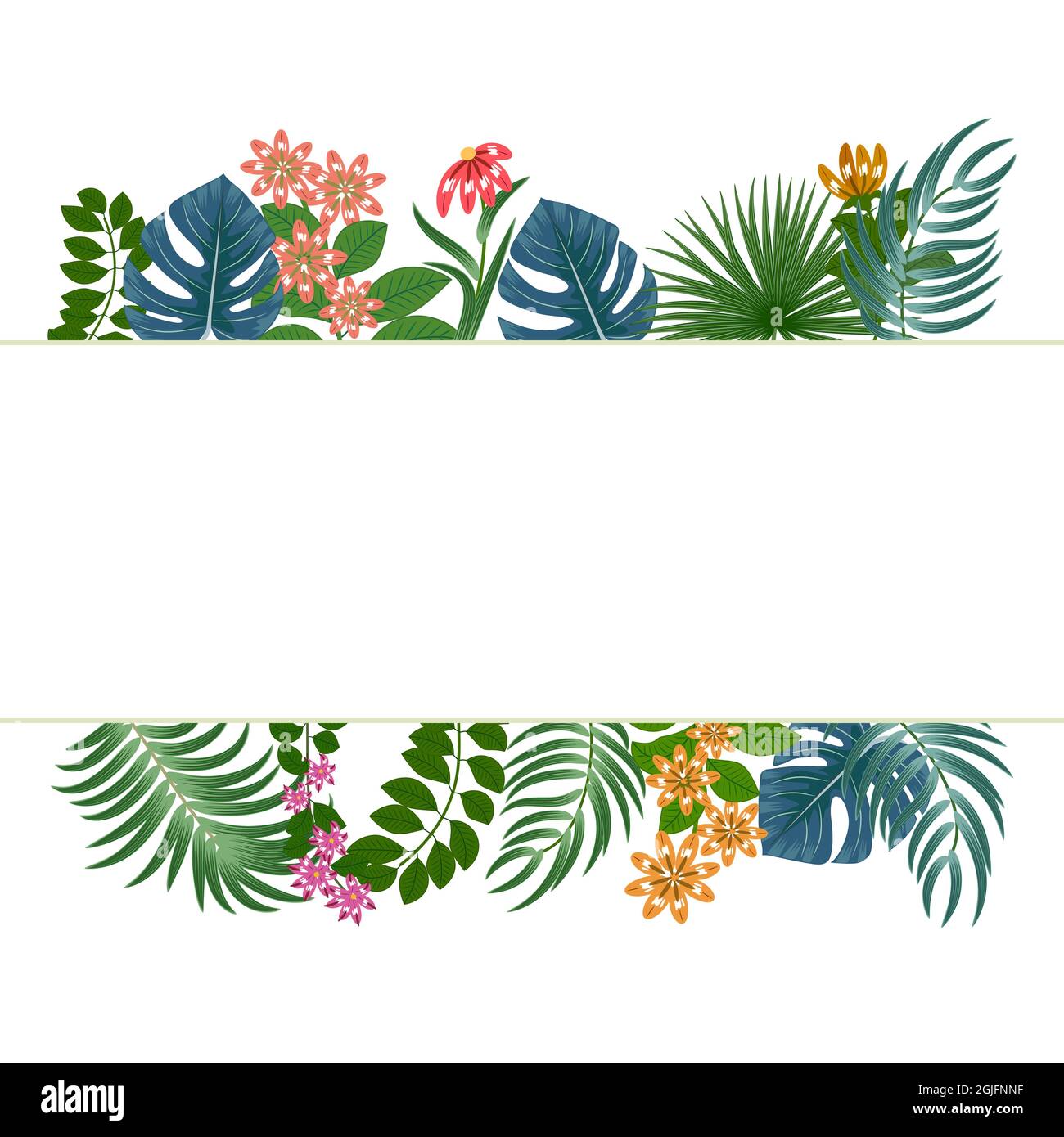 Cornice con foglie tropicali di palma e fiori gialli. Sfondo vettoriale botanica, carta da parati giungla. Illustrazione Vettoriale