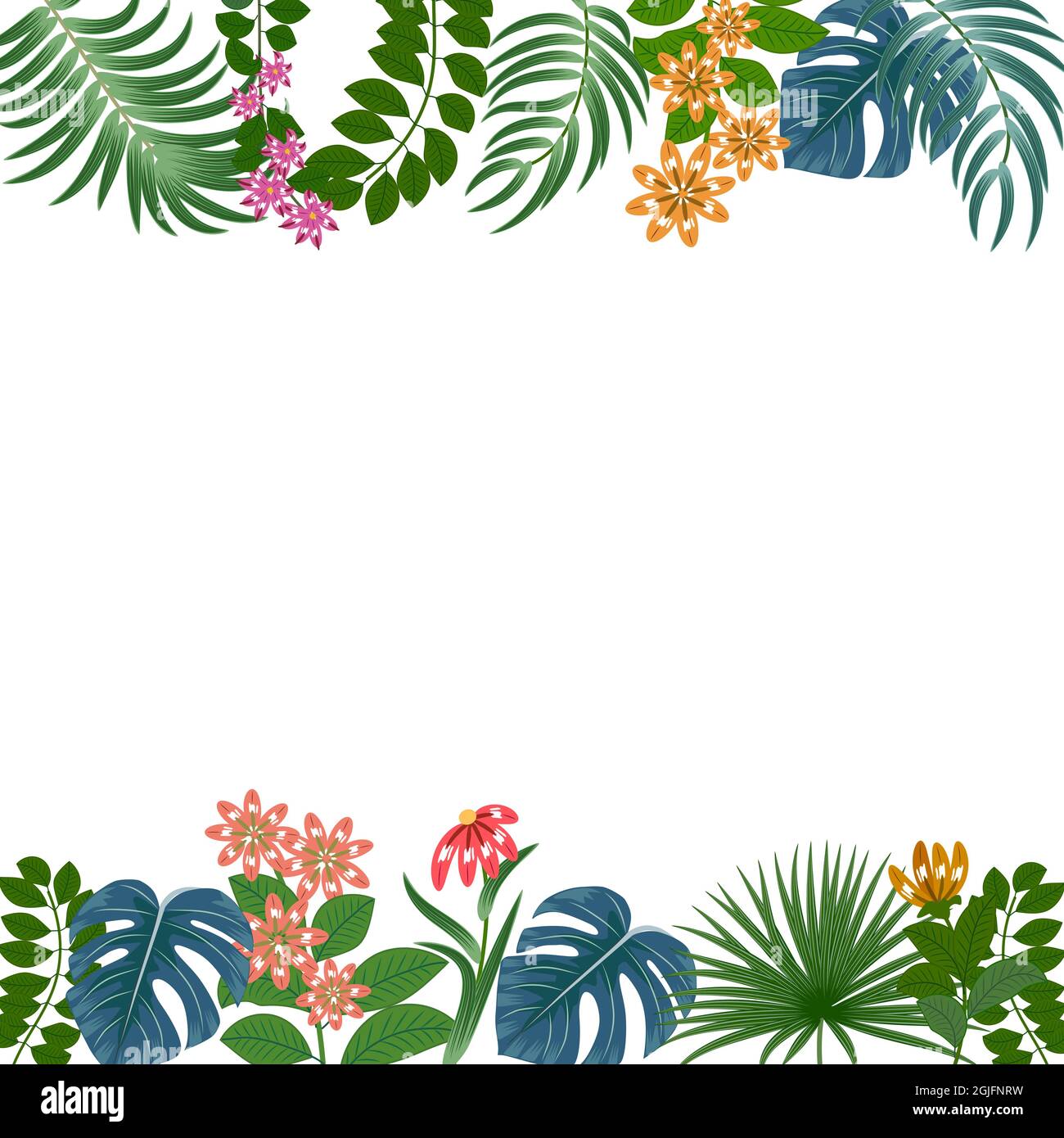 Cornice con foglie tropicali di palma e fiori gialli. Sfondo vettoriale botanica, carta da parati giungla. Illustrazione Vettoriale