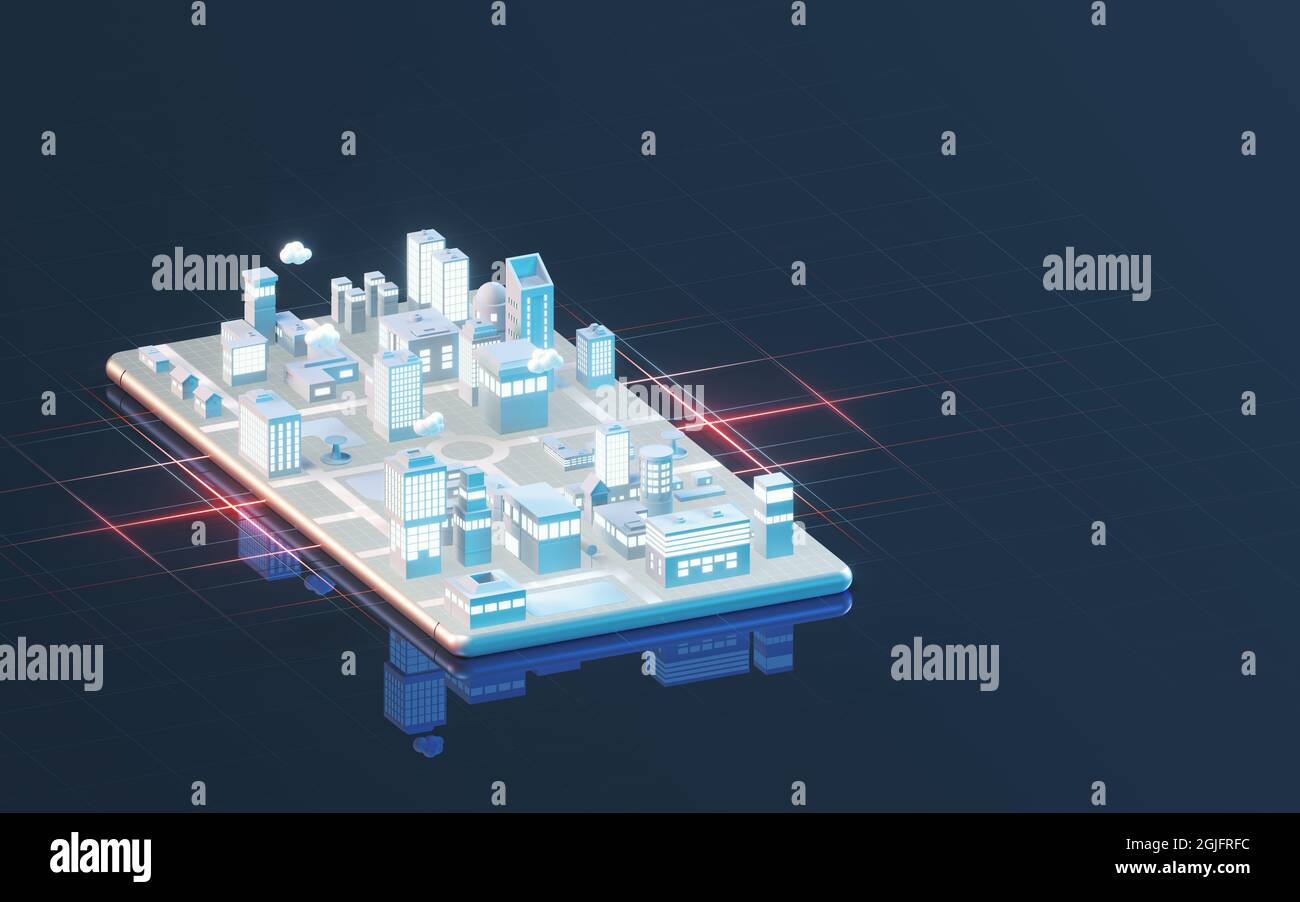 Trasferimento di informazioni tra smartphone e città, rendering 3d. Disegno digitale del computer. Foto Stock