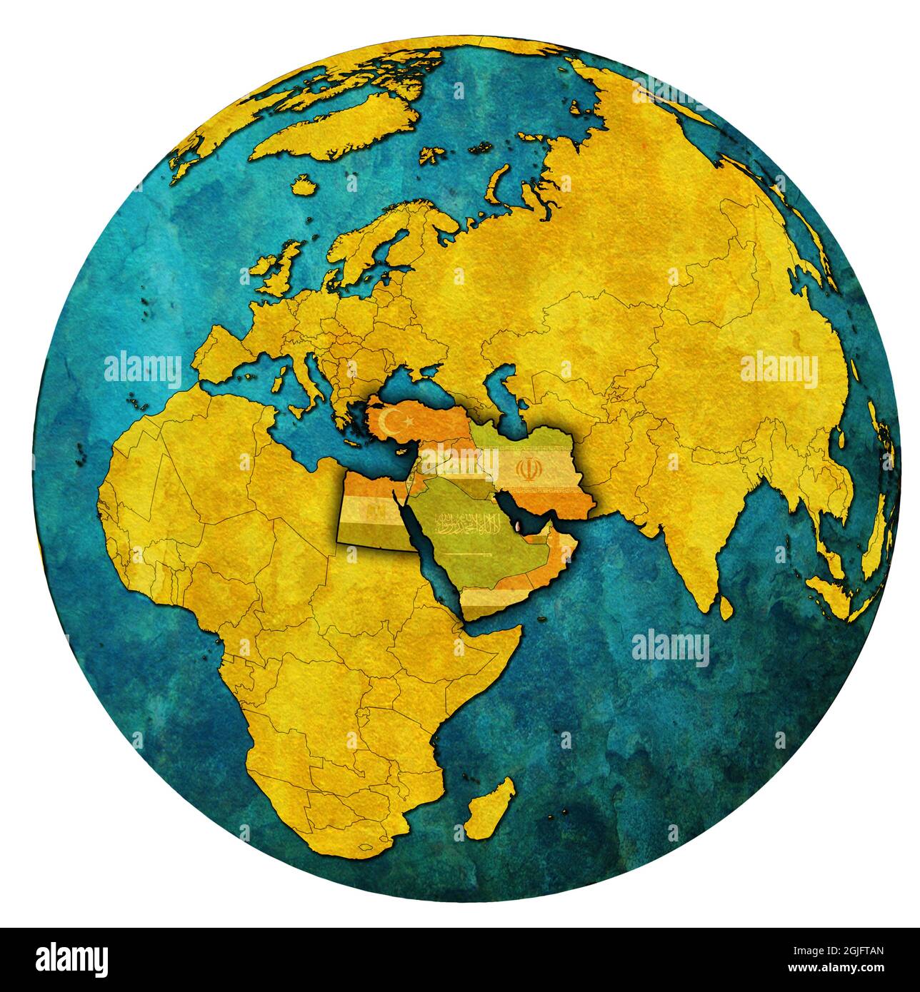 Posizione del territorio del Qatar nella regione mediorientale con bandiere di paese sulla mappa del globo isolato su bianco Foto Stock