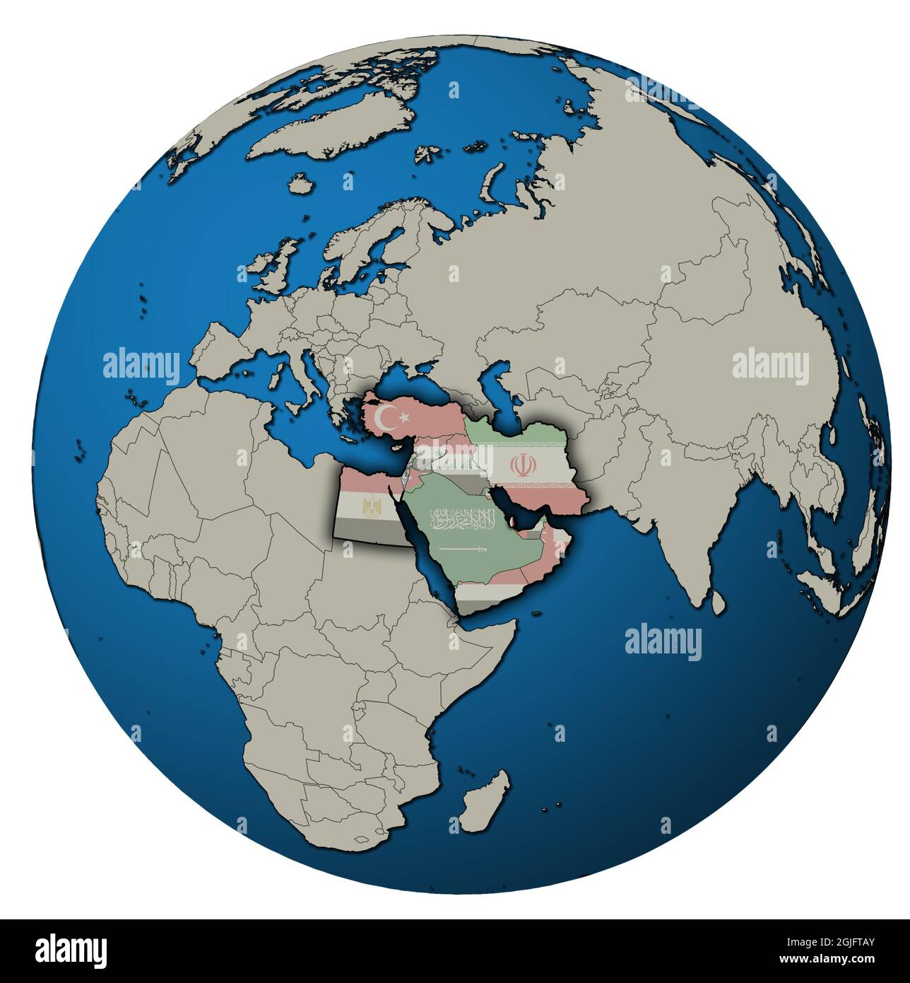Posizione del territorio del Qatar nella regione mediorientale con bandiere di paese sulla mappa del globo isolato su bianco Foto Stock