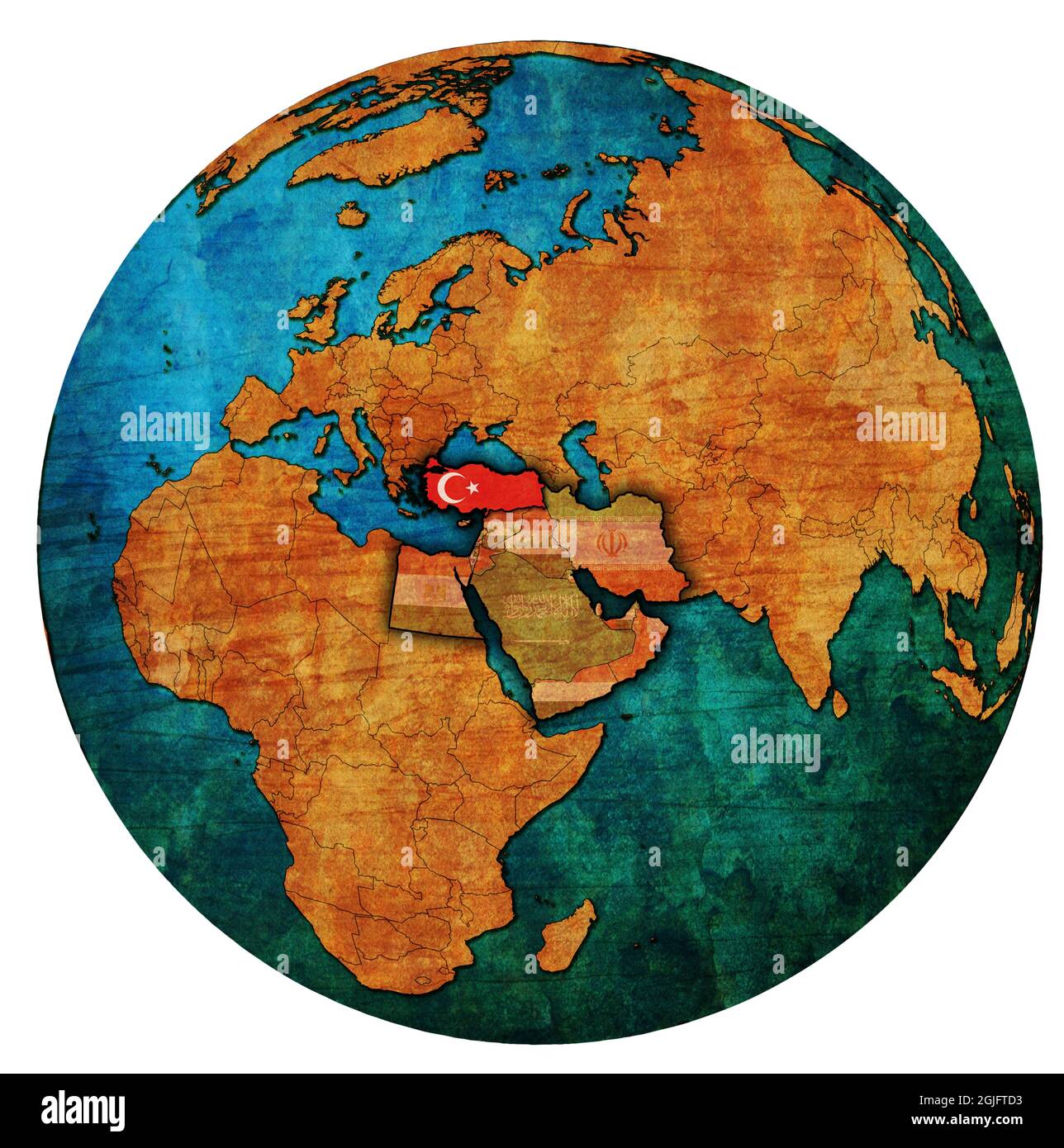 Posizione del territorio della Turchia nella regione mediorientale con bandiere di paese sulla mappa del globo isolato su bianco Foto Stock