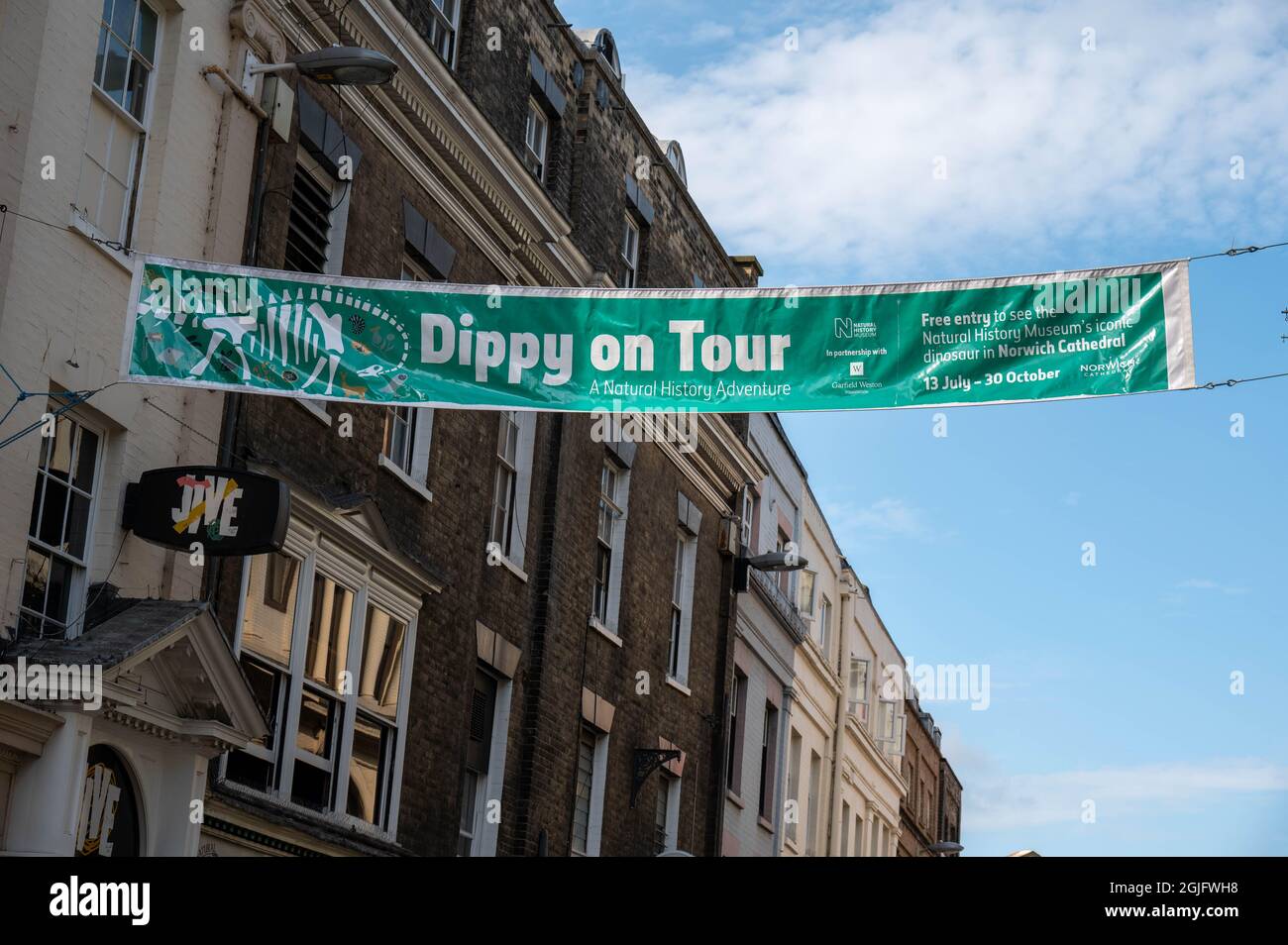 Dippy on Tour banner in alto acroos due edifici su Exchange Street Norwich Foto Stock