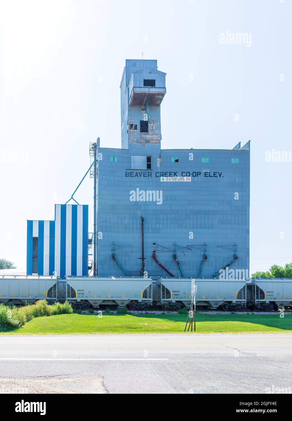 BEAVER CREEK, MN, USA-22 AGOSTO 2021: Beaver Creek Co-Op elevatore di grano e deposito. Immagine verticale che mostra l'ascensore e i vagoni ferroviari. Foto Stock