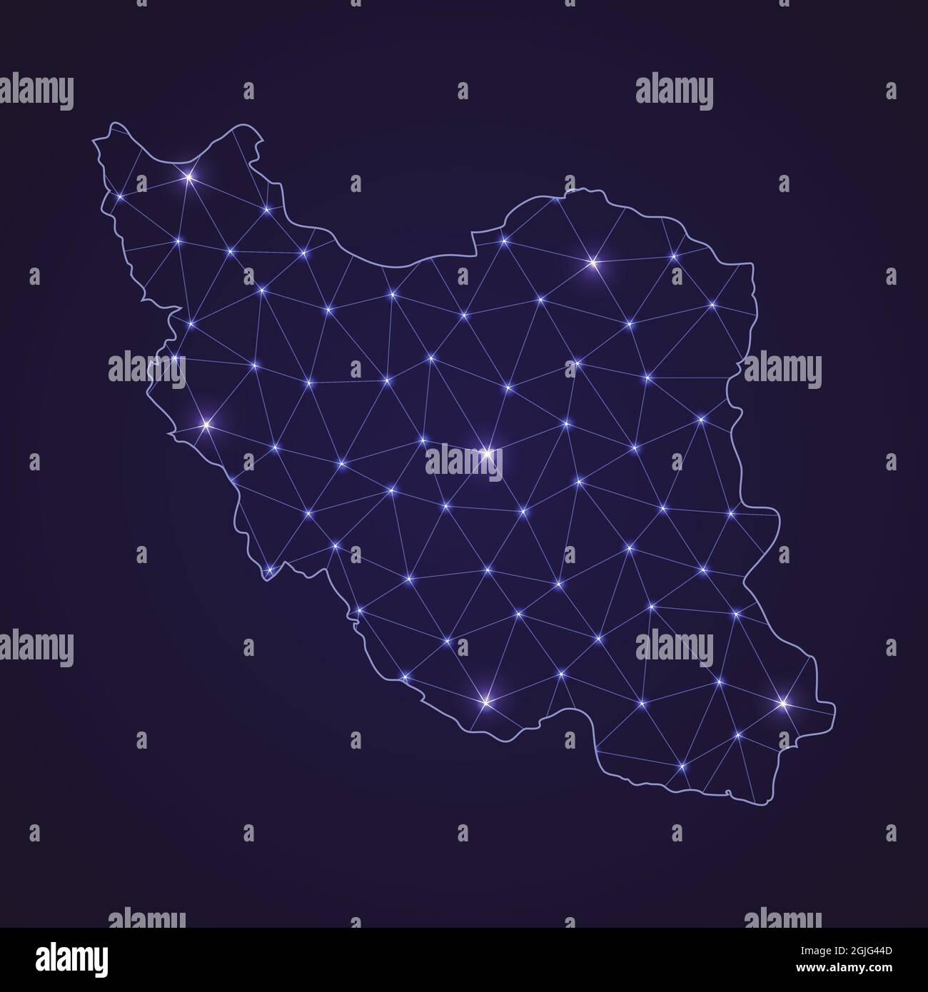 Mappa della rete digitale dell'Iran. Linea di connessione astratta e punto su sfondo scuro Illustrazione Vettoriale