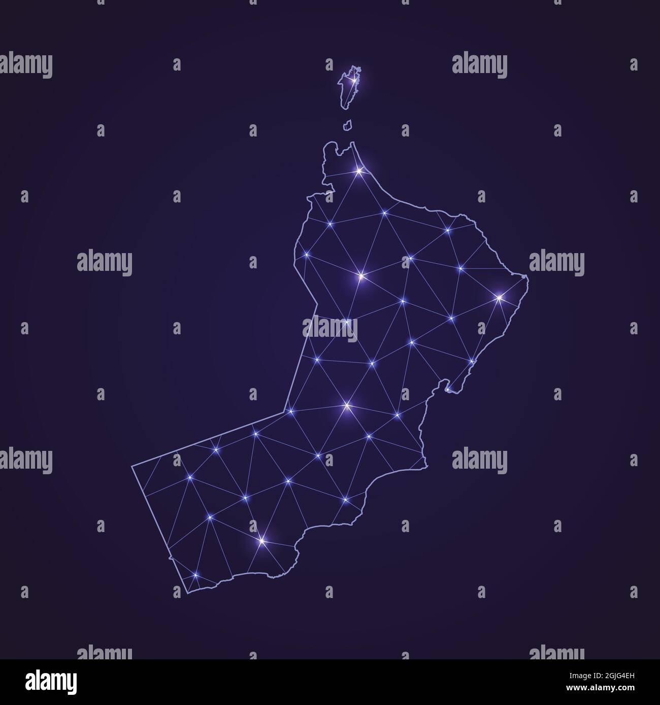 Mappa della rete digitale dell'Oman. Linea di connessione astratta e punto su sfondo scuro Illustrazione Vettoriale