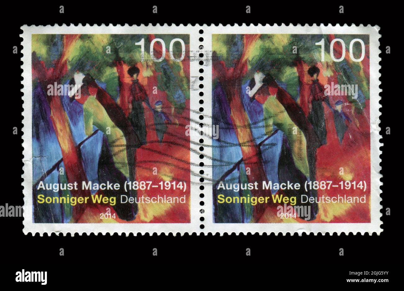 Timbro stampato in Germania mostra l'immagine del Sonniger Weg di August Macke (1887-1914), circa 2014. Foto Stock