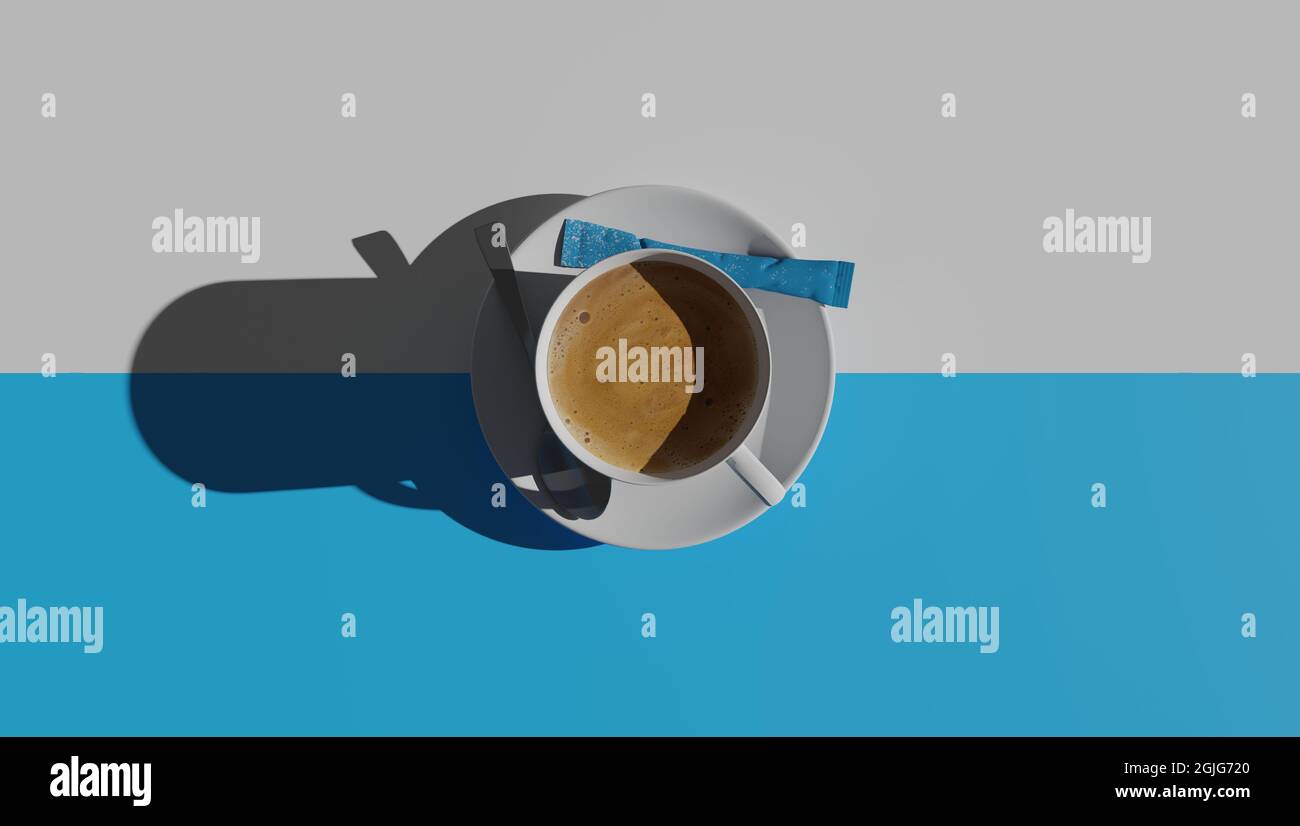 Vista dall'alto della tazza da caffè. Isolato su bianco e blu Foto Stock