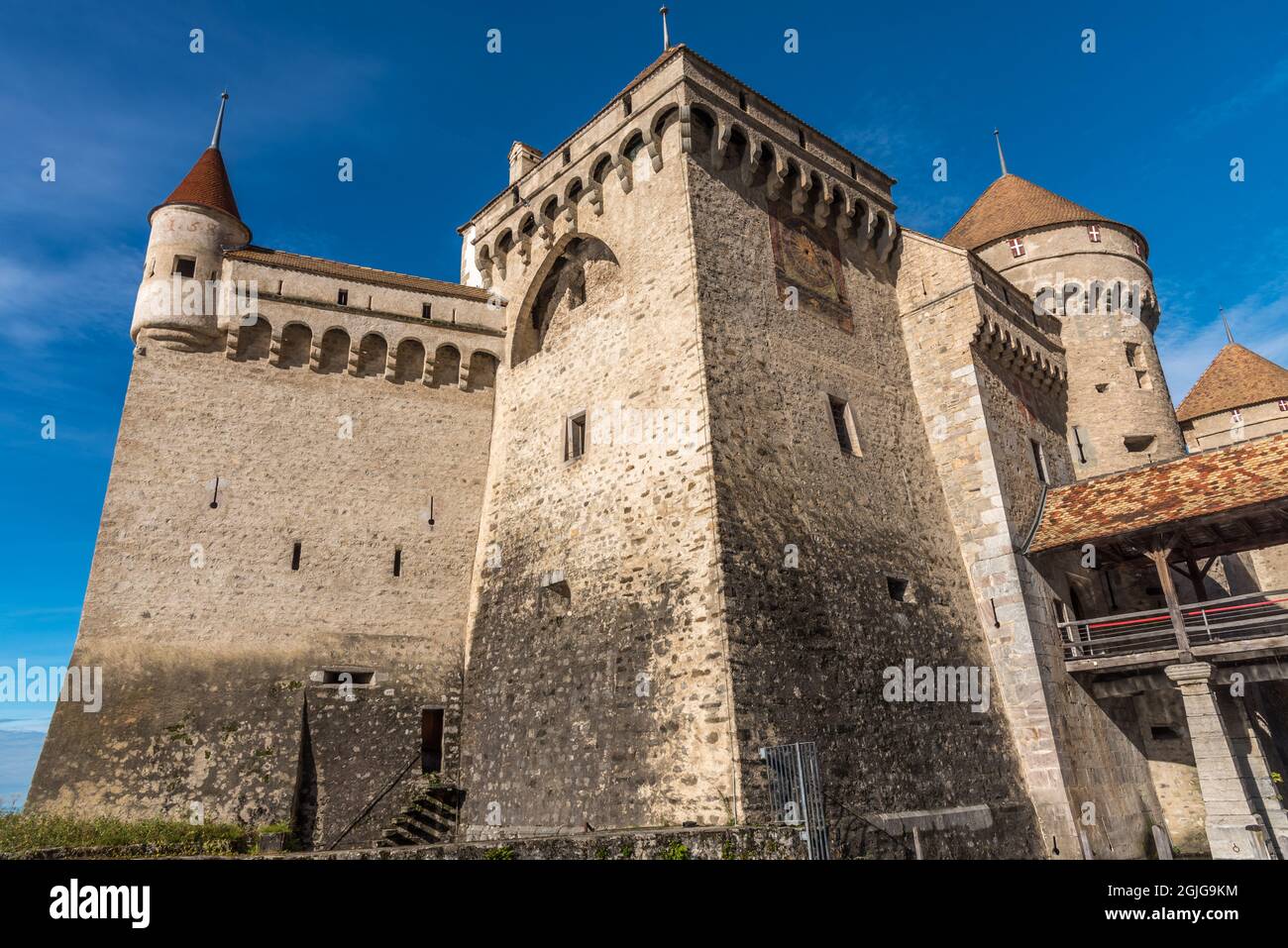 Vista parziale del castello Chillon sul lago di Ginevra, Svizzera. Foto di alta qualità Foto Stock