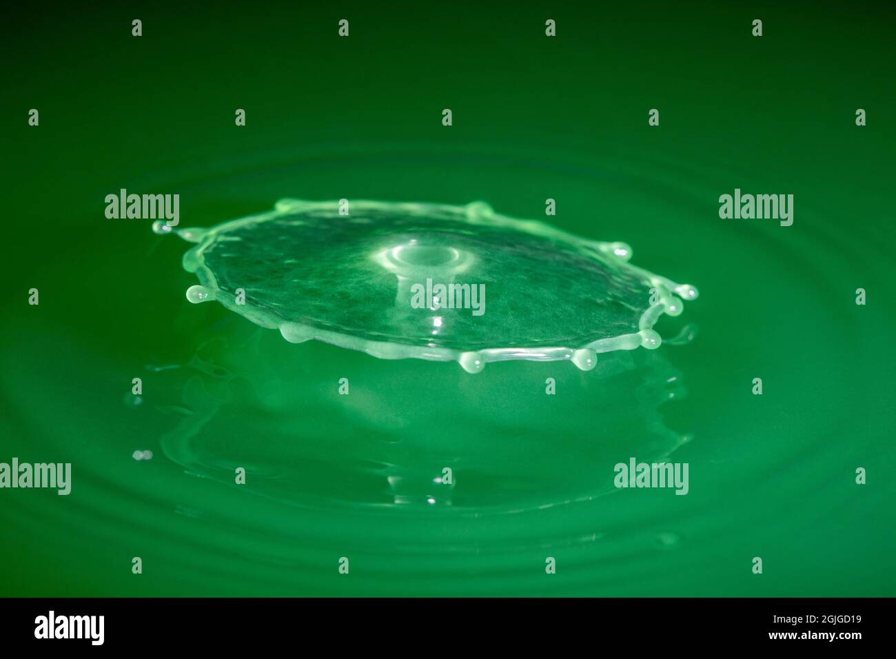 Collisione di gocce d'acqua verde su una piscina verde Foto Stock