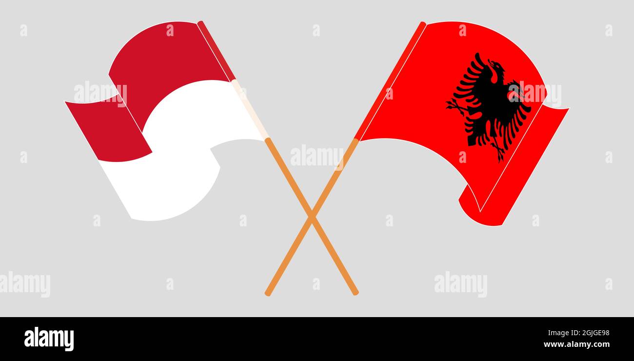 Bandiere incrociate e sventolanti dell'Albania e dell'Indonesia Illustrazione Vettoriale