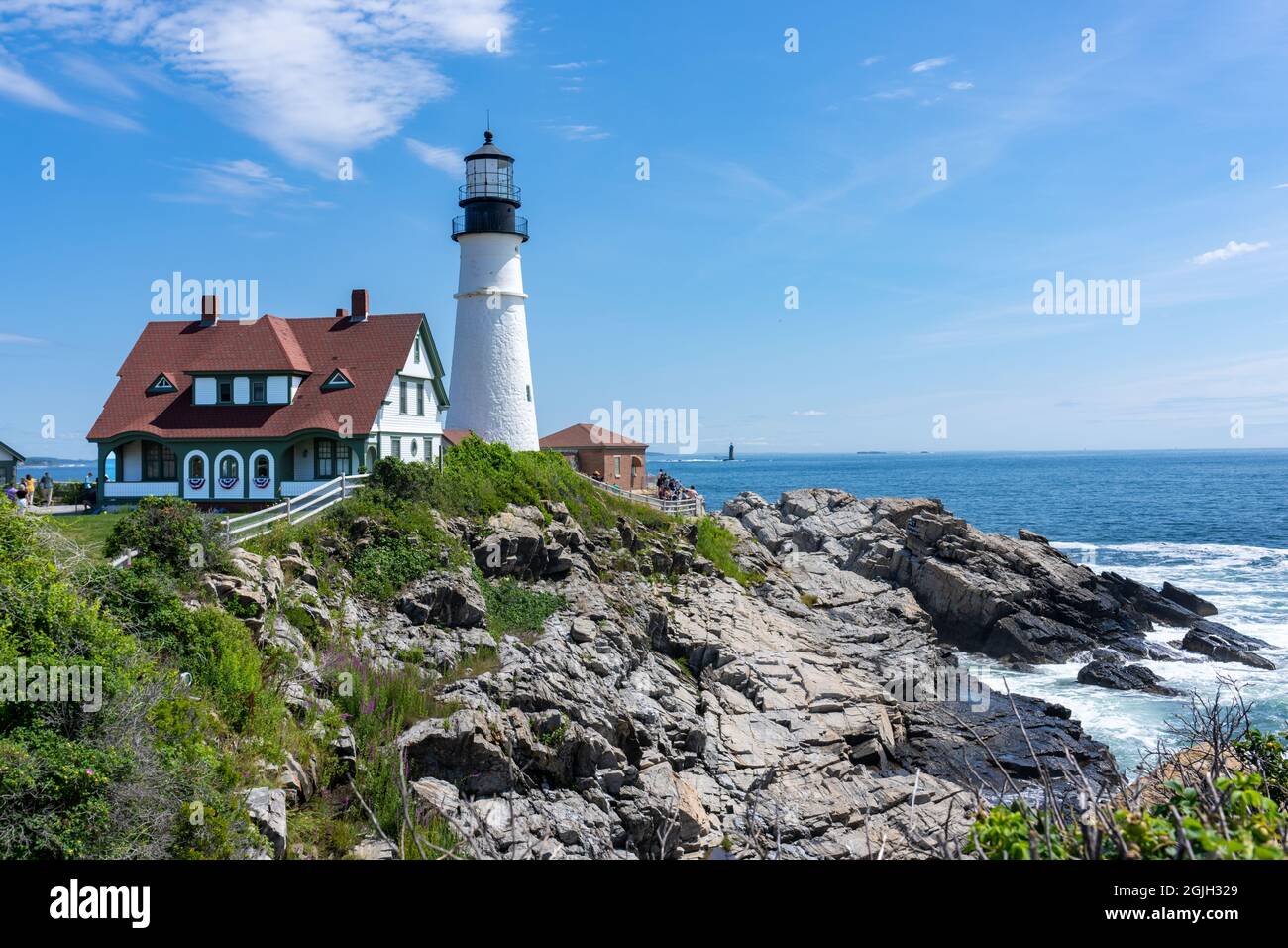 Cape Elizabeth, Maine, Stati Uniti. Portland Head Light è un faro storico che si trova su una testa di terra all'ingresso del canale principale di navigazione Foto Stock