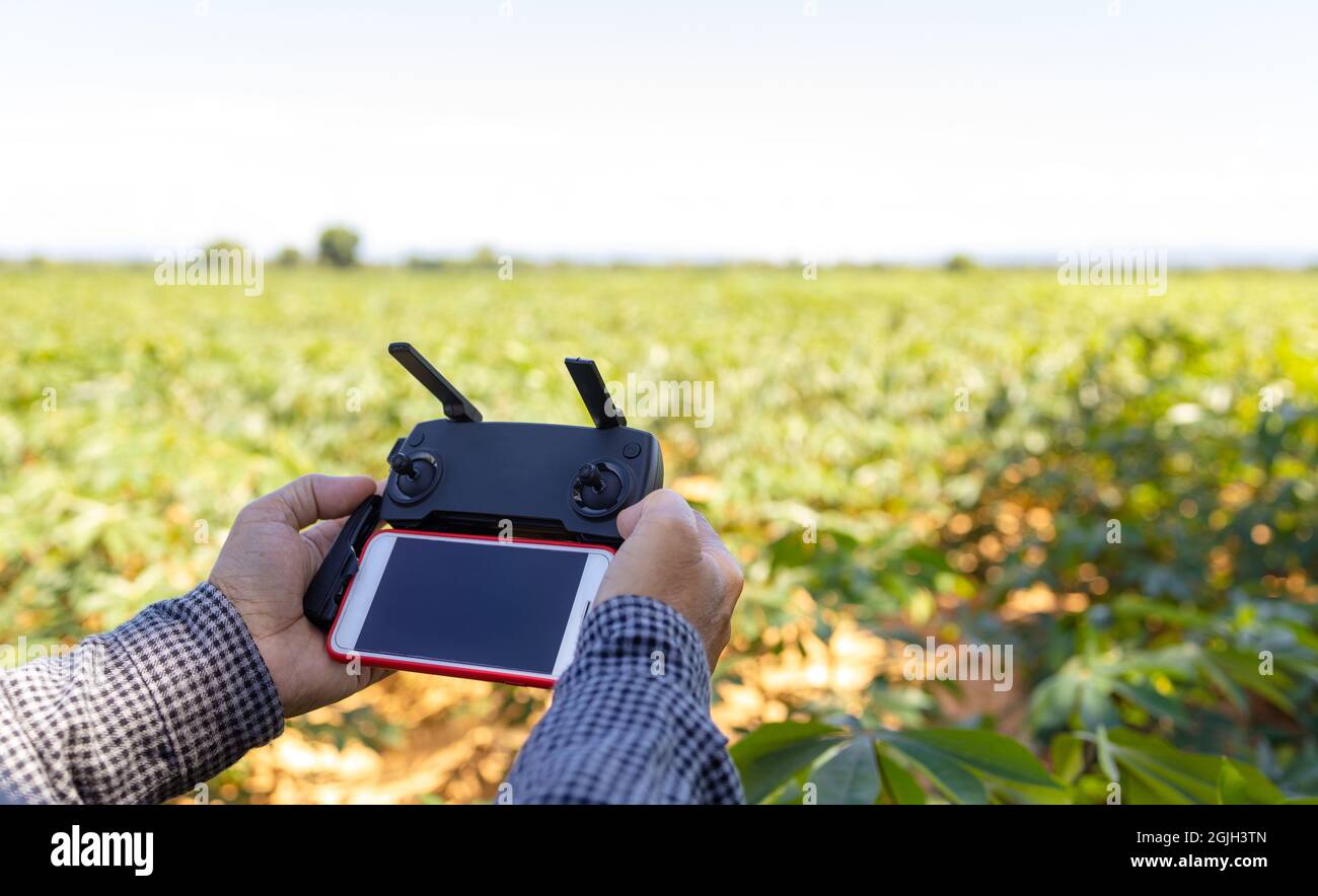 Un agricoltore asiatico utilizza droni agricoli per rilevare danni e crescita delle colture che cresce nella sua fattoria Foto Stock