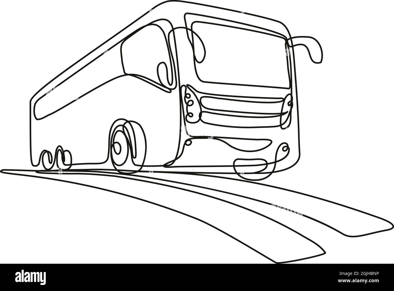Illustrazione di disegno di linea continua di un autobus turistico o bus navetta basso angolo vista fatto in linea mono o doodle stile in bianco e nero su isolato Illustrazione Vettoriale