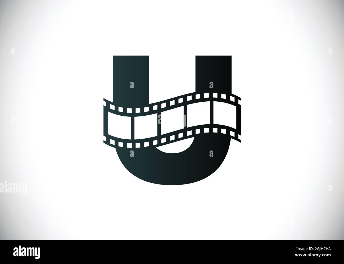 Alfabeto U monogramma iniziale incorporato con bobina pellicola. Concetto di logo video e film. Emblema del carattere. Logo per il business e l'azienda di intrattenimento Illustrazione Vettoriale