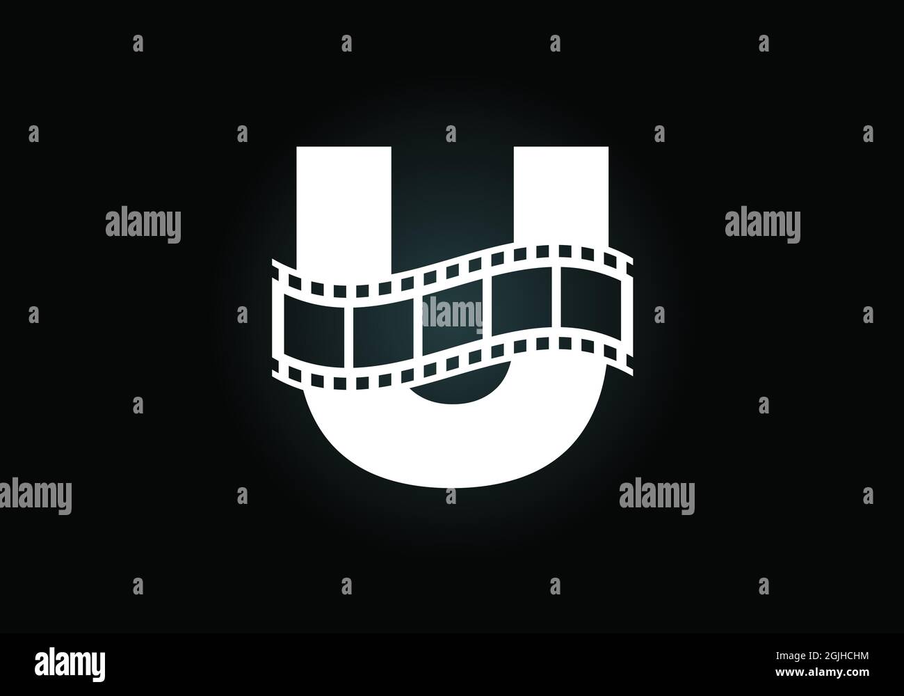 Alfabeto U monogramma iniziale incorporato con bobina pellicola. Concetto di logo video e film. Emblema del carattere. Logo per il business e l'azienda di intrattenimento Illustrazione Vettoriale