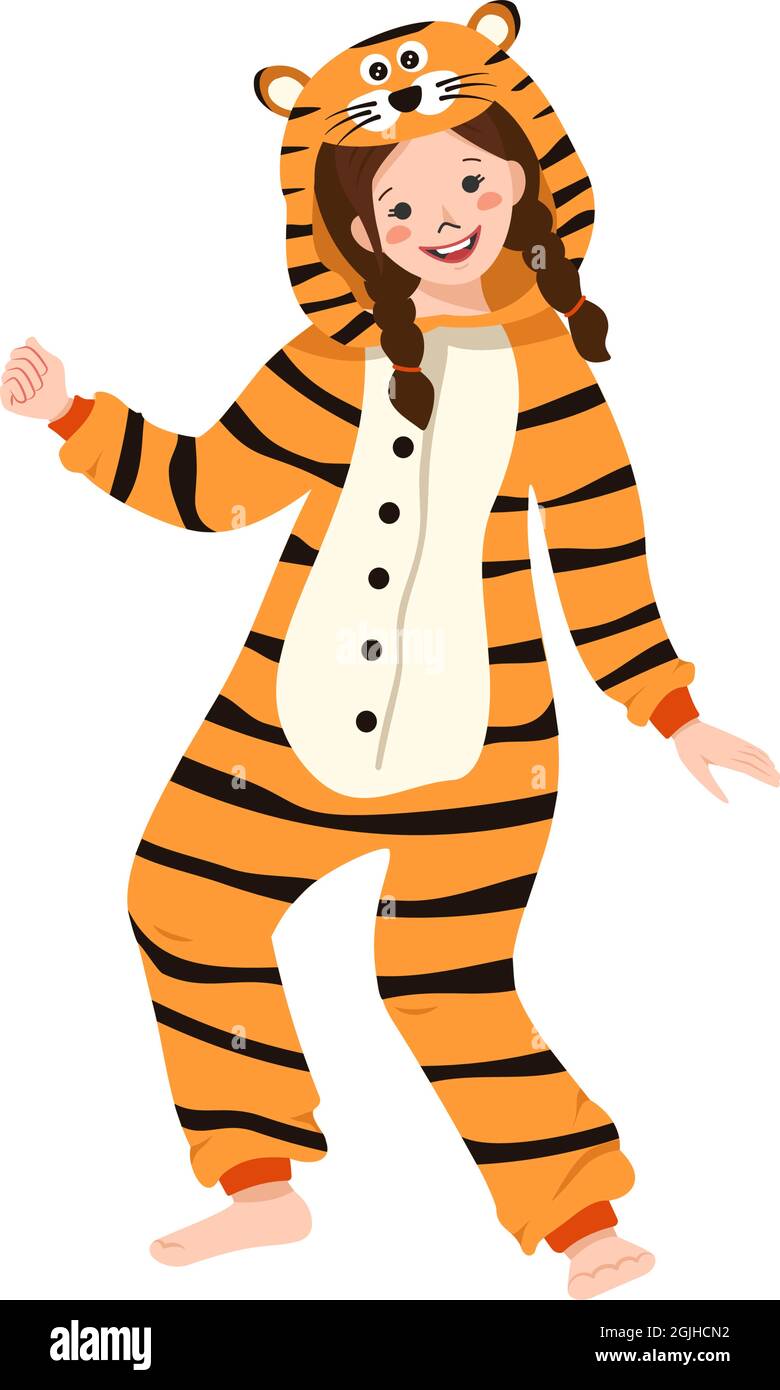 Una ragazza in un costume da carnevale di una tigre. Bambini pajama party.  Bambini che indossano tute o kigurumi, abbigliamento festivo per Capodanno,  Natale o vacanza Immagine e Vettoriale - Alamy